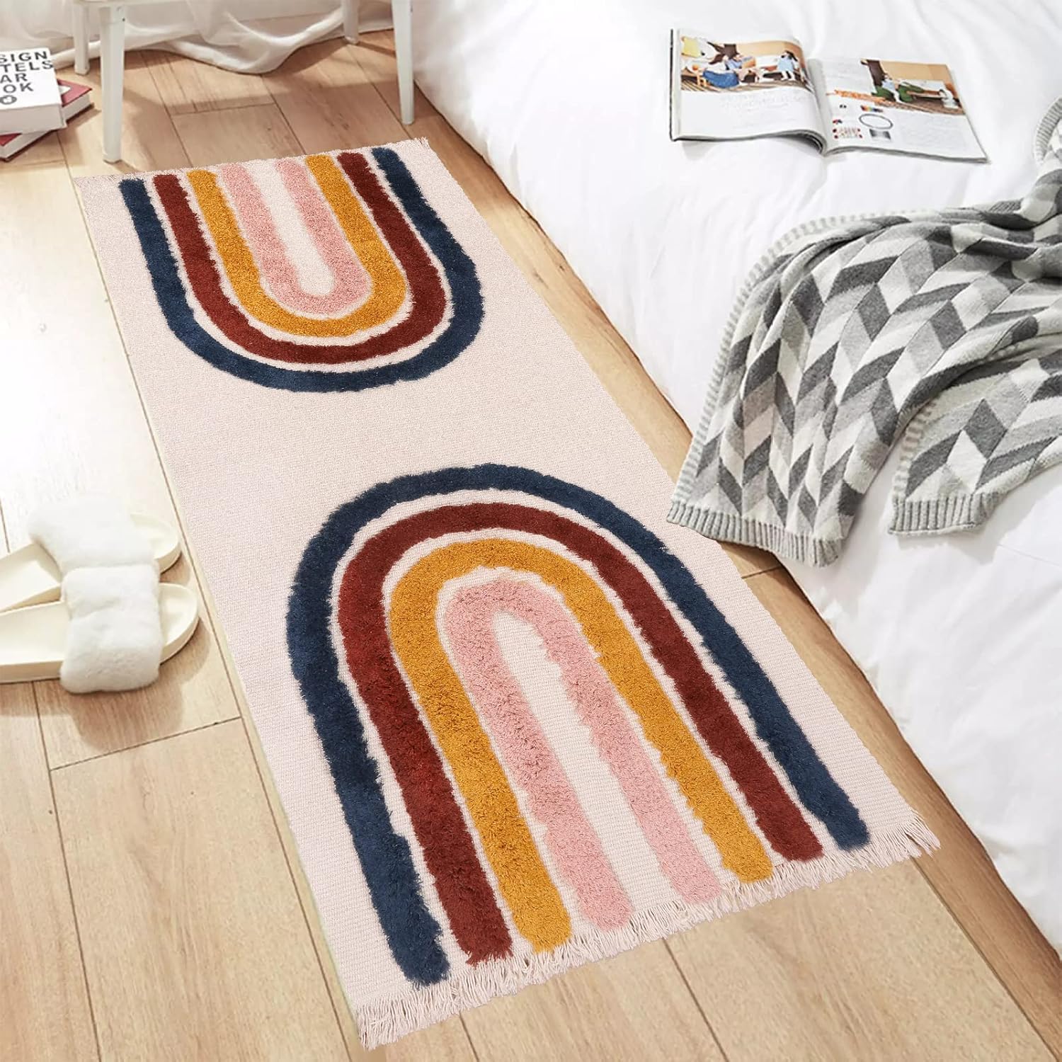 Ailsan Alfombra bohemia para dormitorio, de 2 x 4.3 pulgadas, de algodón, lavable a máquina, con borlas, para cocina, tapete colorido de arcoíris,