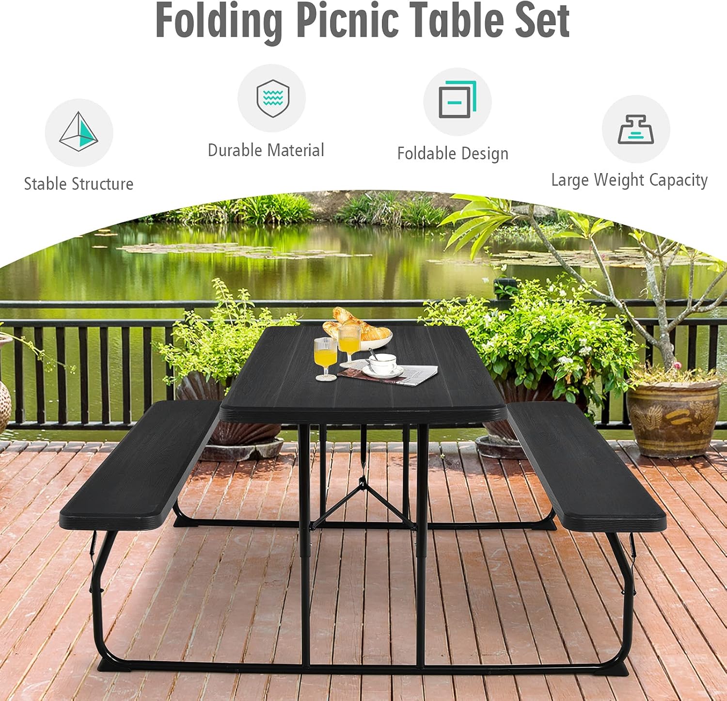 Safstar – Juego de banco de mesa de picnic plegable, mesa de picnic plegable con 2 bancos, mesa y banco para exteriores con marco de acero y mesa de