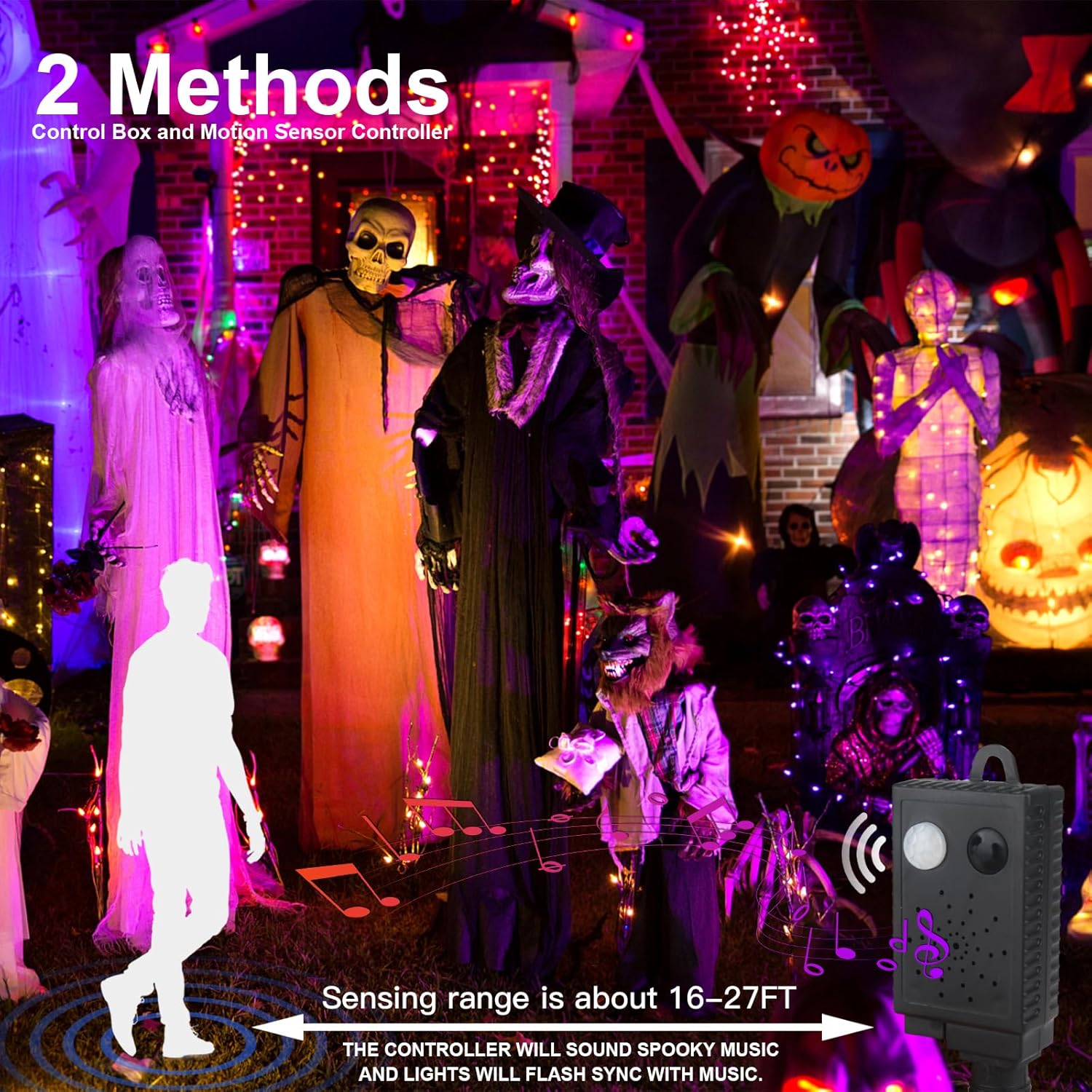 XTF2015 Luces de Halloween, 105 pies, 300 luces LED de Halloween con controlador de sensor de movimiento de música espeluznante, impermeable, luces