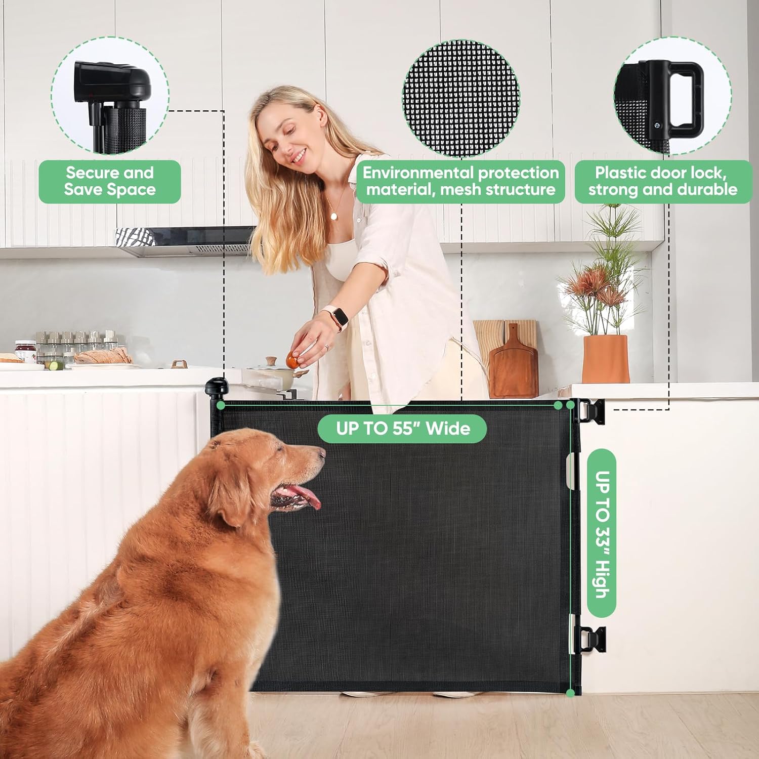 Puerta retráctil para bebé, puerta de malla para bebés y mascotas de 33 pulgadas de alto, se extiende hasta 55 pulgadas de ancho, puertas de