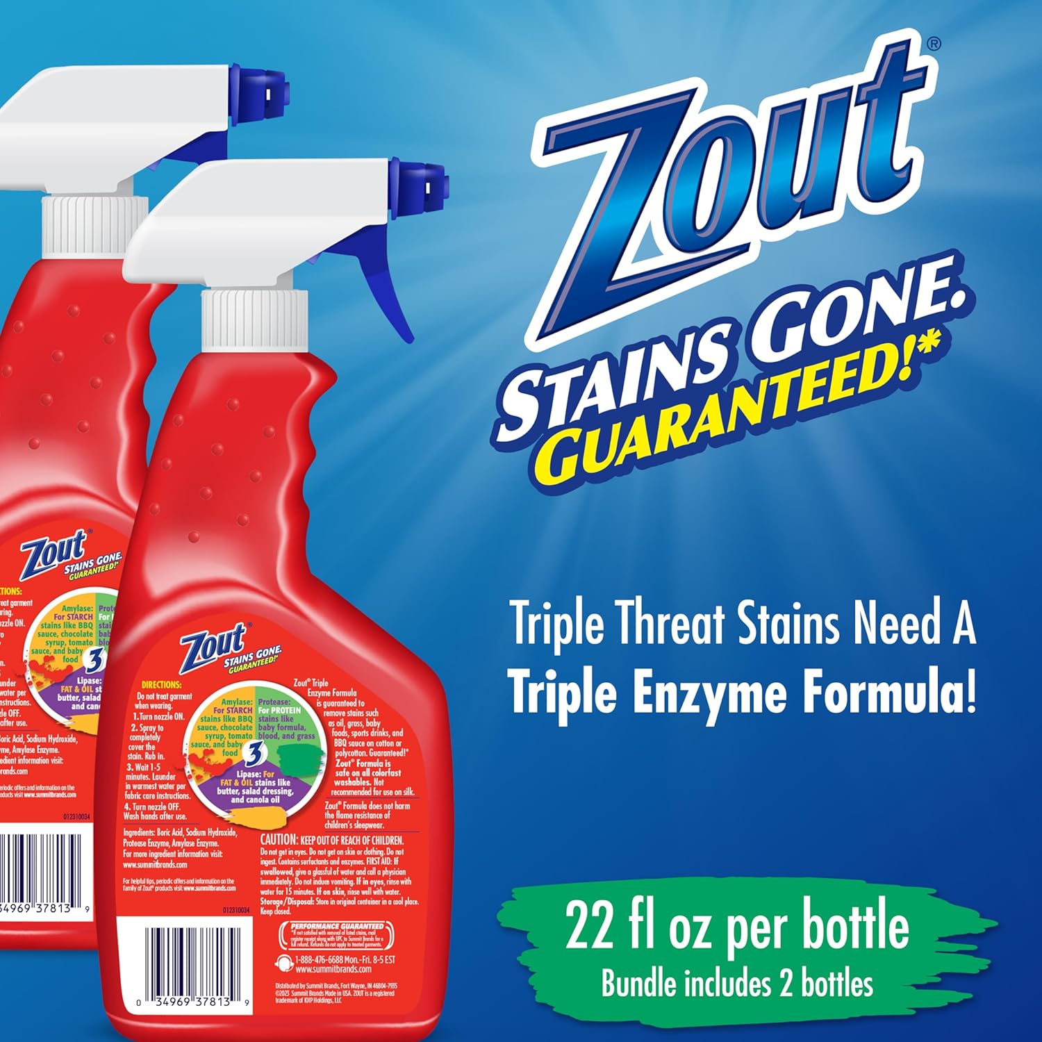 ZOUT Spray quitamanchas para lavandería, fórmula de triple enzima, 22 onzas, paquete de 2