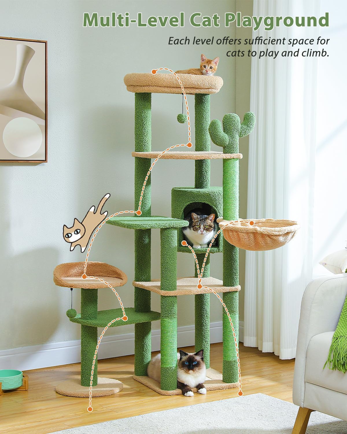Árbol de cactus para gatos de 59 pulgadas, árbol grande para gatos de interior, torre para gatos grandes, torre para gatos de varios niveles,