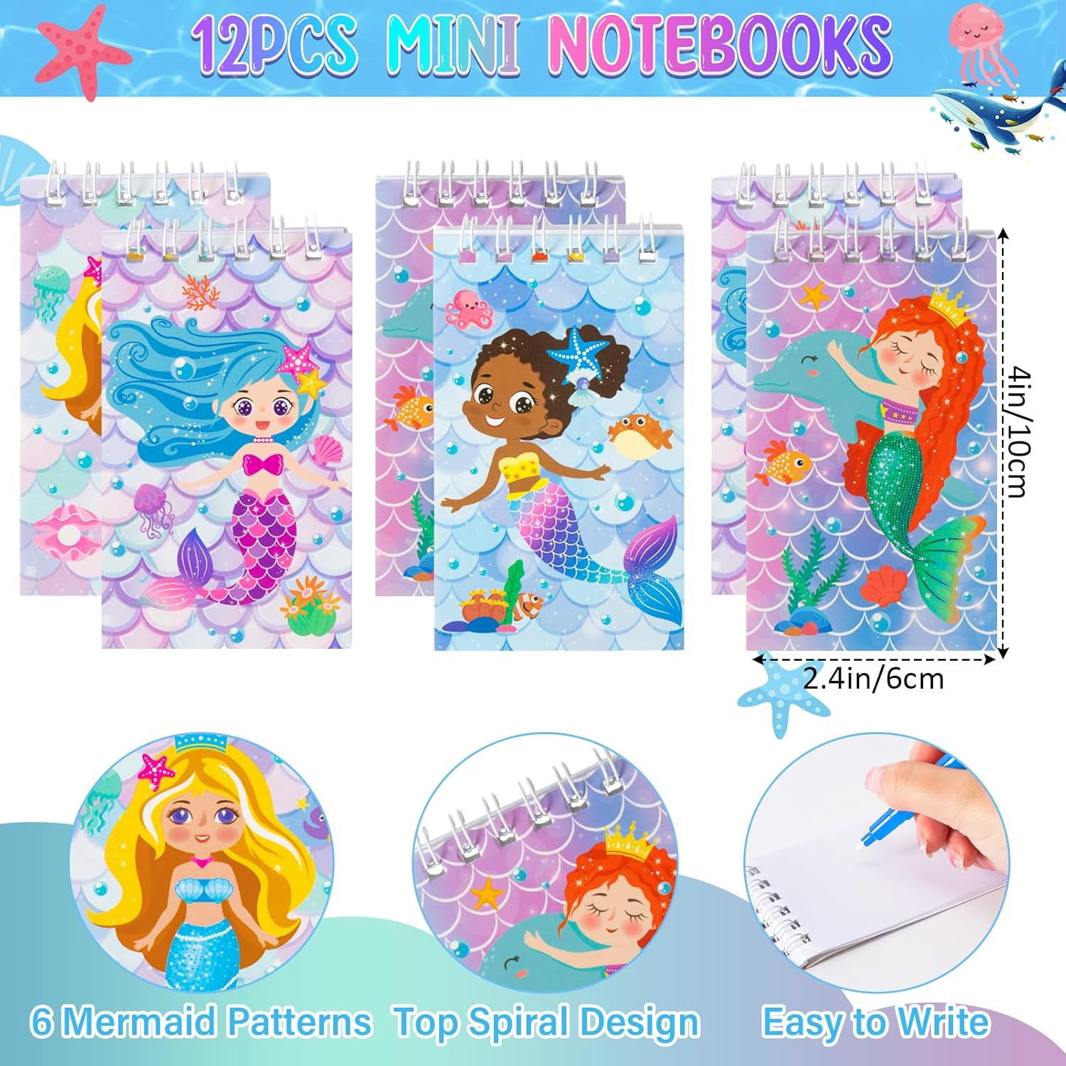 Winrayk Regalos de fiesta de sirena, suministros de cumpleaños para niñas, bolígrafos de tinta invisible, mini cuadernos, calcomanías para niños,