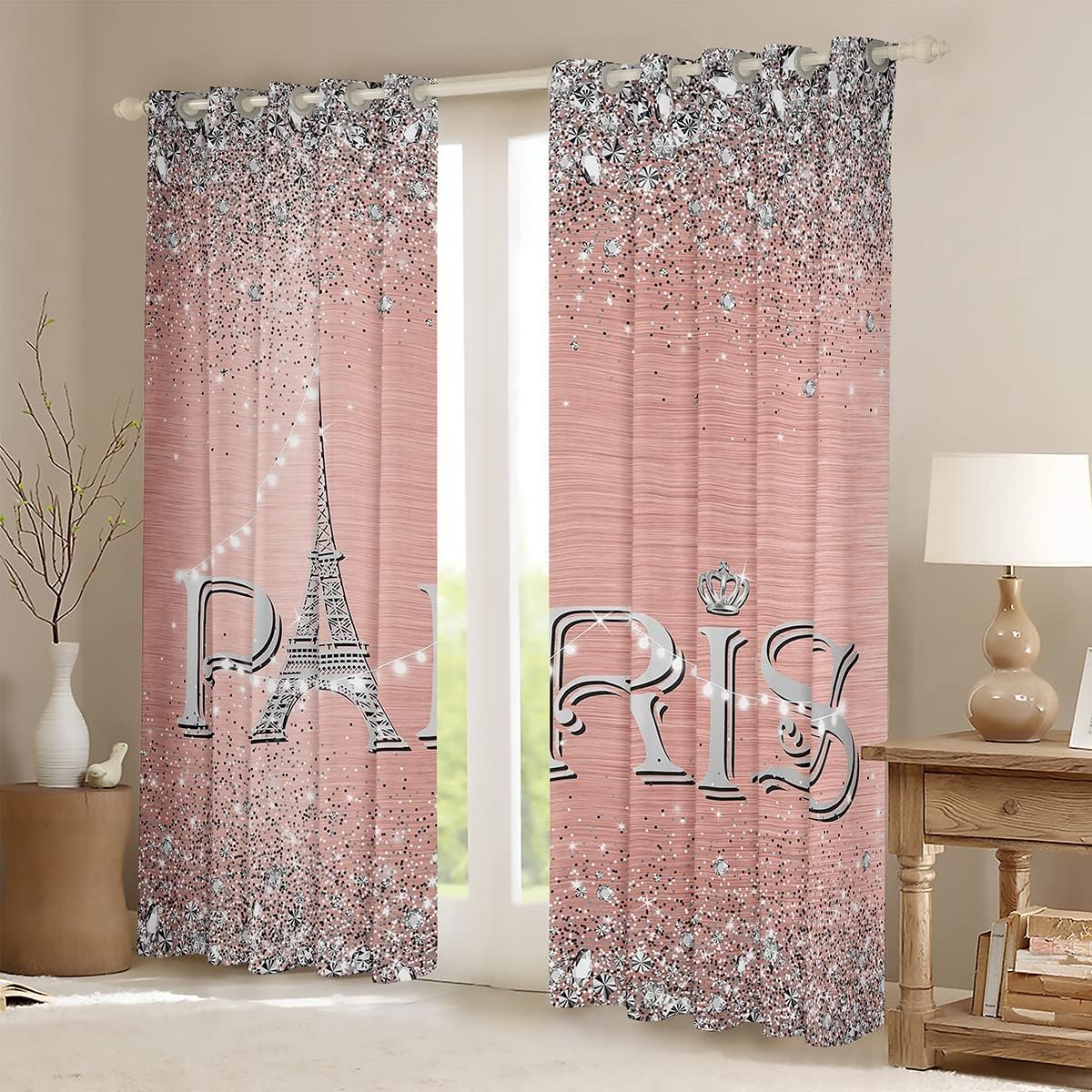 Cortinas femeninas de la Torre Eiffel de 42 x 84 pulgadas, cortinas opacas con purpurina para mujer, cortinas románticas de diamante degradado rosa