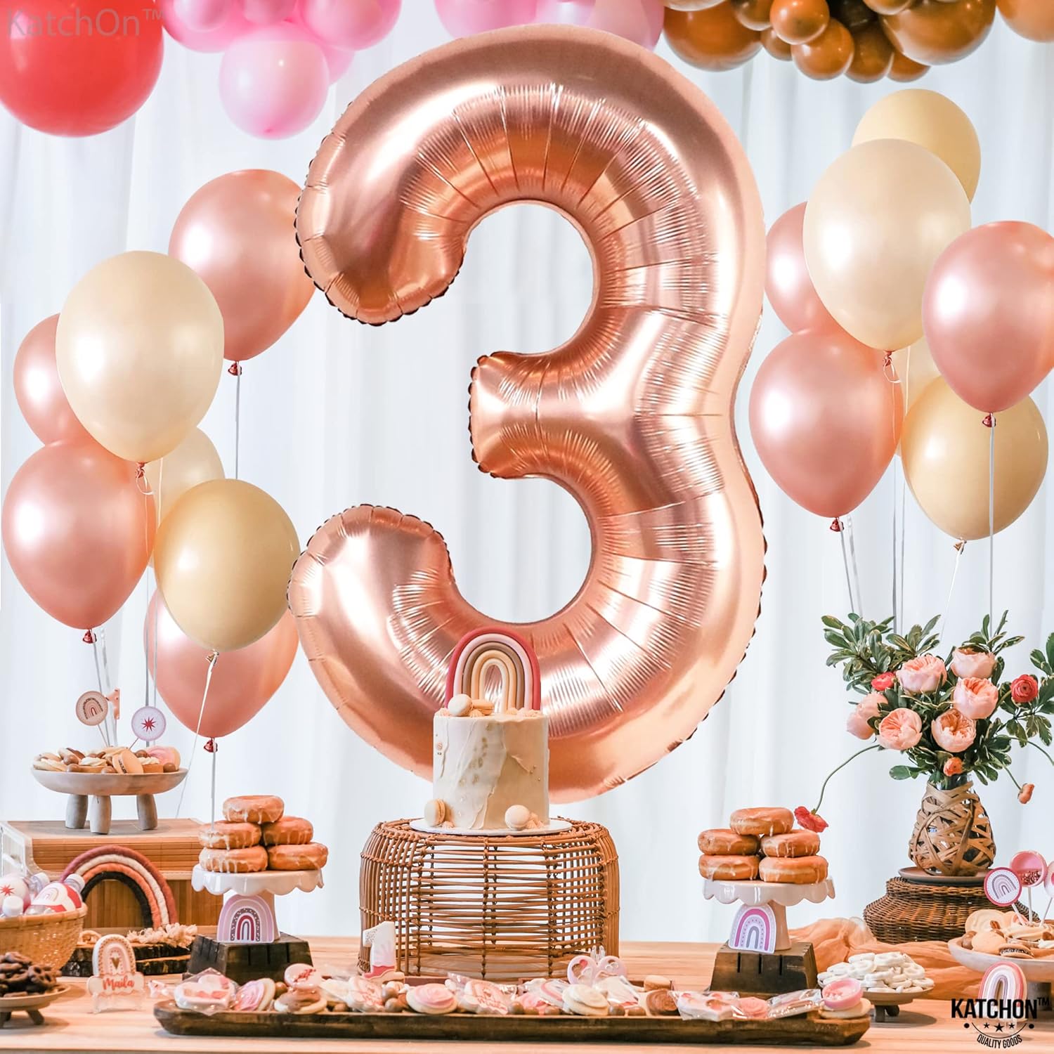 KatchOn, Globo de oro rosa con el número 3 de 50 pulgadas, globos de oro rosa con el número 3, decoraciones de tercer cumpleaños para niñas, globos