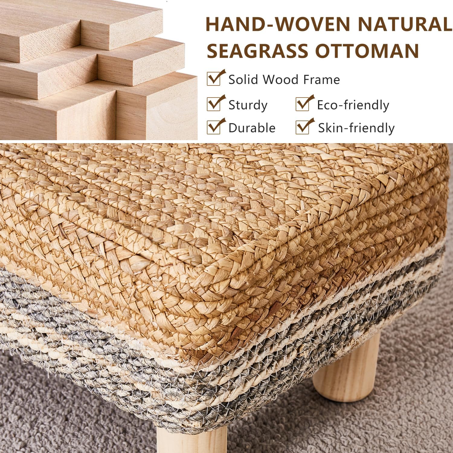 Cpintltr Taburete otomano rectangular, reposapiés, otomano, reposapiés natural de algas marinas con patas de madera, taburete tejido a mano para