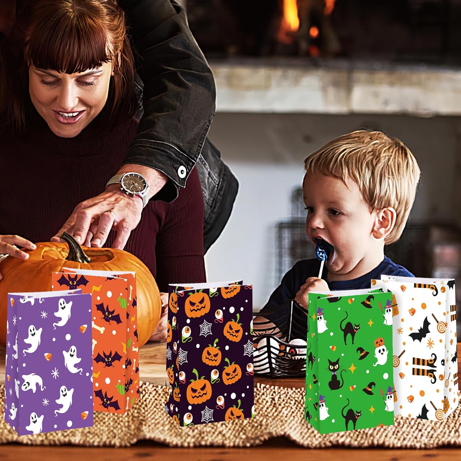 VGOODALL 54 bolsas de regalo de Halloween a granel, bolsas de papel de Halloween, bolsas de dulces, bolsas de regalo, bolsas de aperitivos para