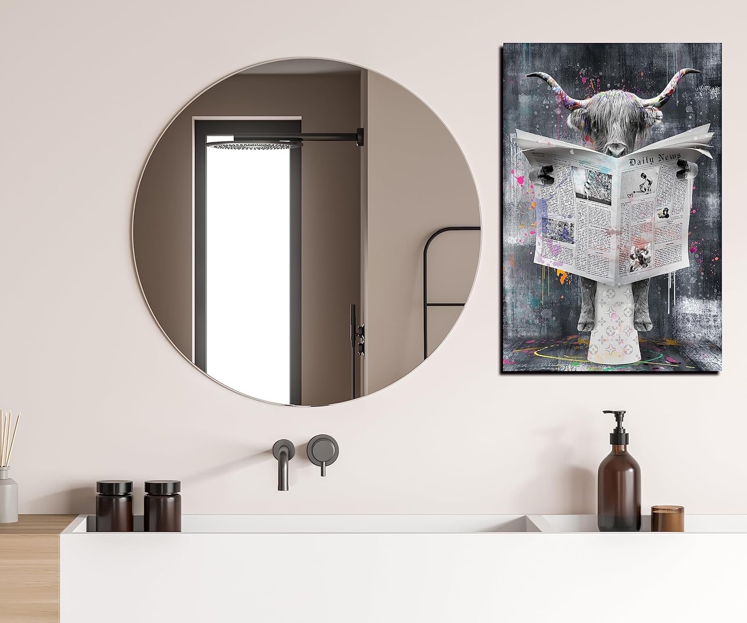 ZHAOSHOP Decoración de pared de vaca de las montañas, arte de pared para decoración de baño, lienzo blanco y negro para hombres, listo para colgar,