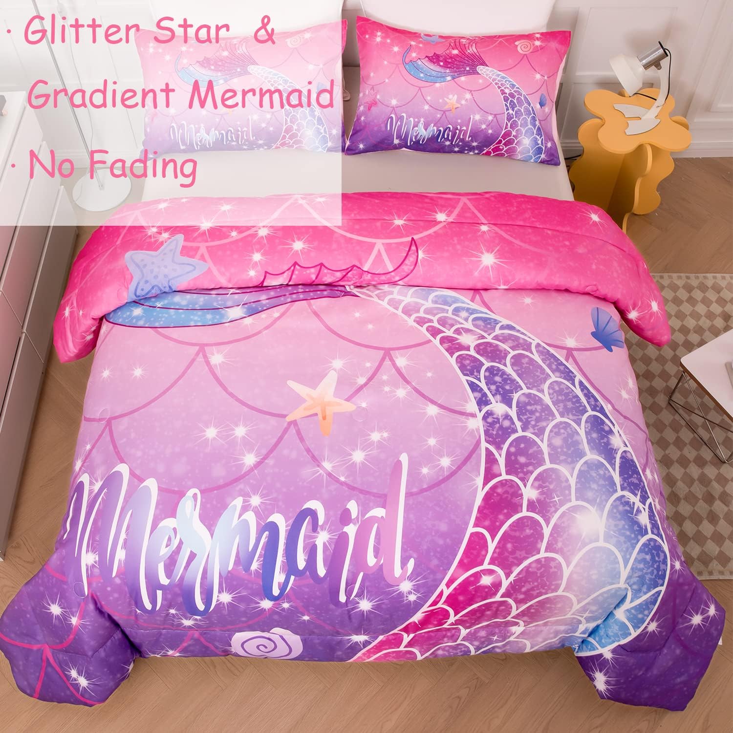 Juego de edredón de sirena de 3 piezas, tamaño matrimonial, juego de edredón degradado, rosa, morado, azul, juego de ropa de cama con patrón de