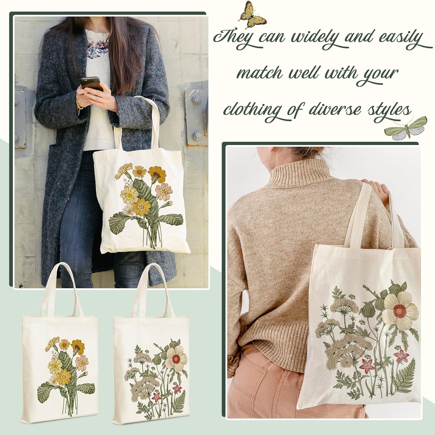 Bolsa de lona estética de 4 piezas, bolsa para amantes de las plantas, bolsa de regalo para amantes de los libros, con bolsillo interior, bolsas