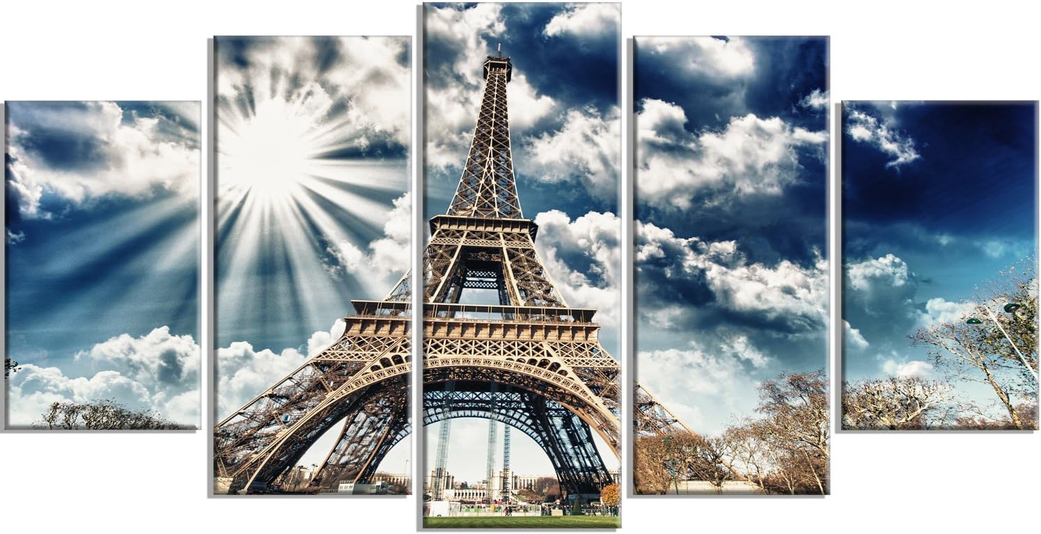 Design Art Magnífico lienzo fotográfico con vista de la Torre Eiffel – 60 x 32 pulgadas, 5 piezas, 60 x 32 pulgadas, 5 paneles con forma de