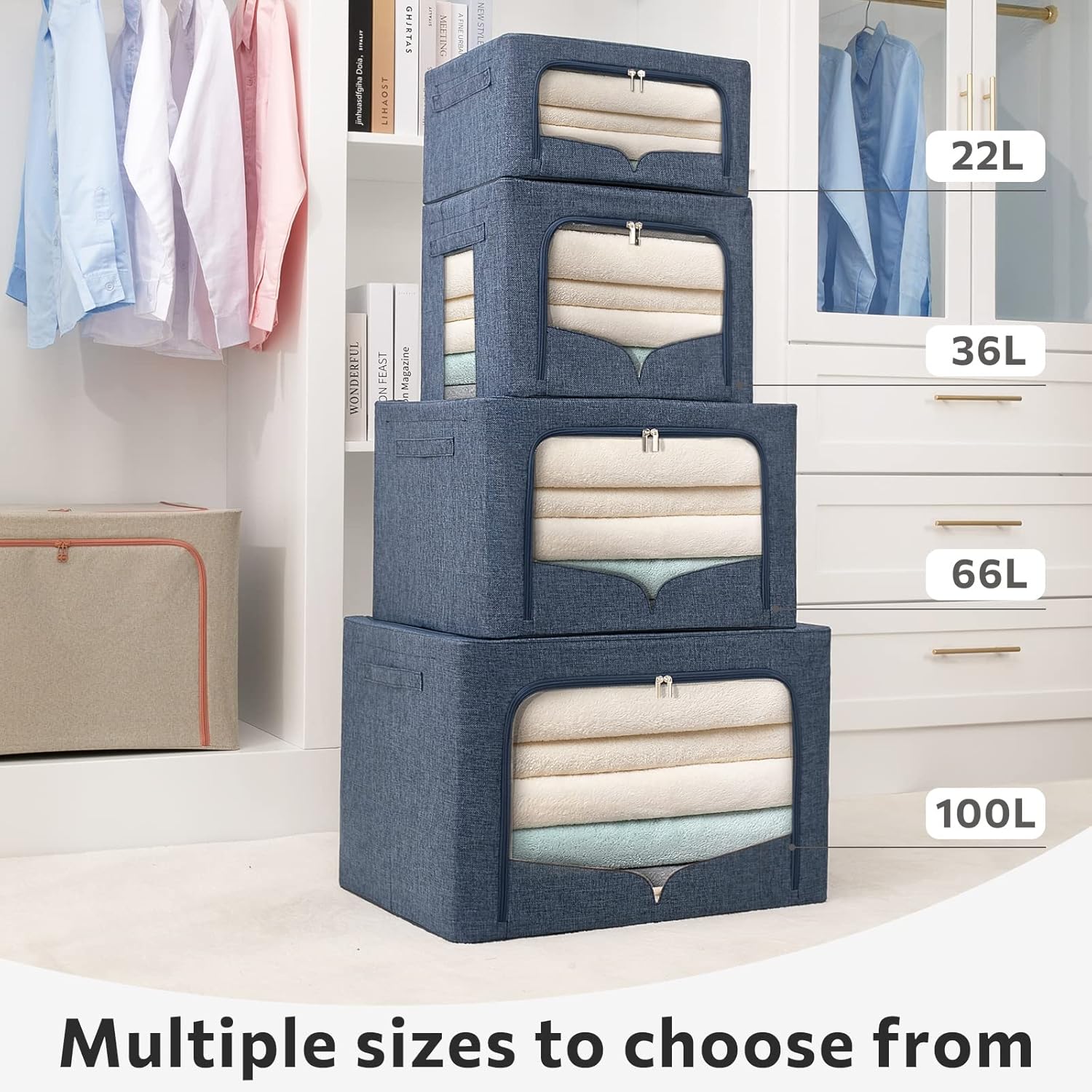 Paquete de 3 contenedores de almacenamiento de ropa, caja de almacenamiento plegable grande con marco de metal, organizador apilable de tela de lino