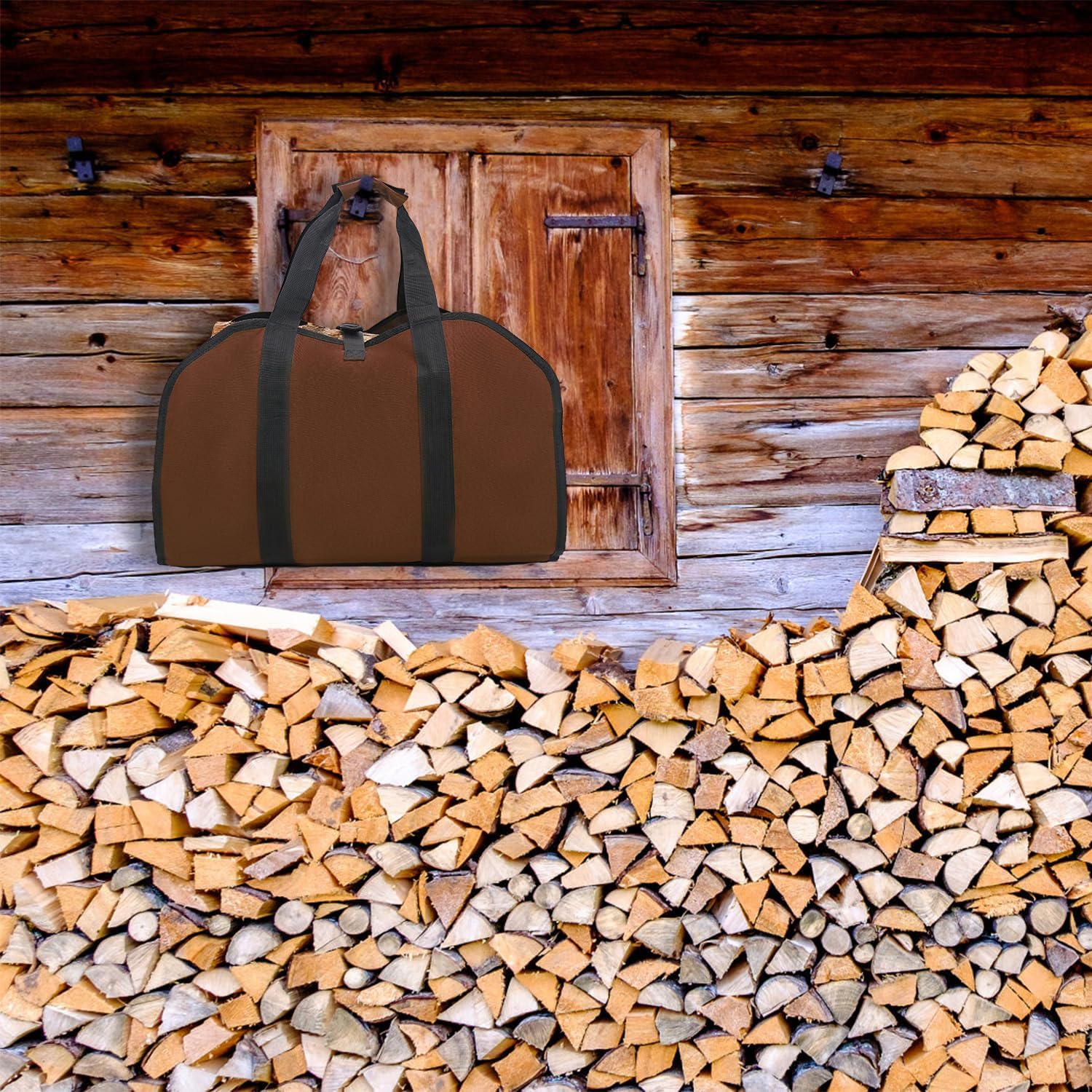 Hongmai Portador de leña con asas, bolsa de lona para leña con asas, soporte para leña para chimenea, bolsa transportadora de leña para interiores,