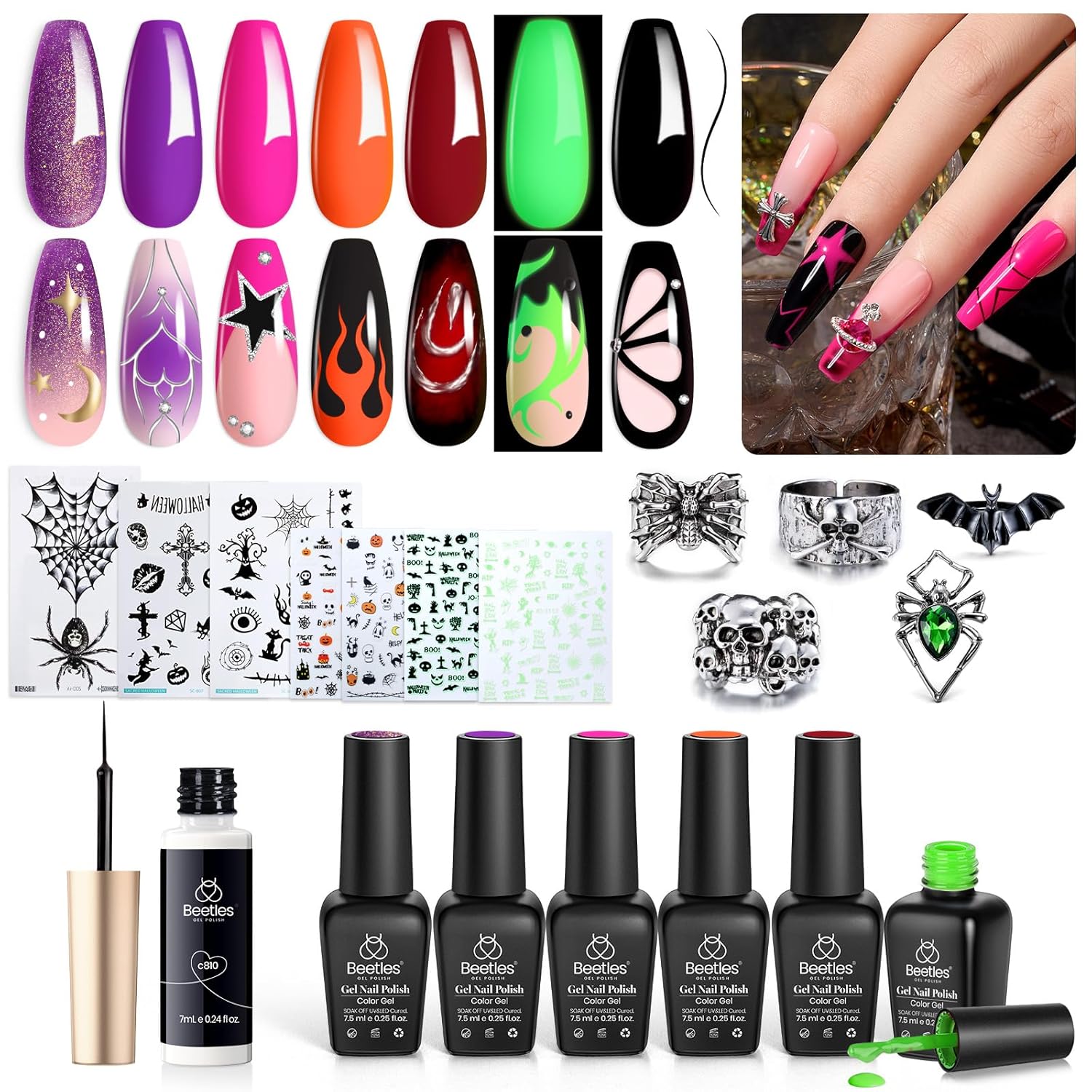 Beetles – Esmalte de uñas de gel de 6 colores, colección de hechizos de brujas con forro, calcomanías de uñas de gel y anillos brillantes, morado,