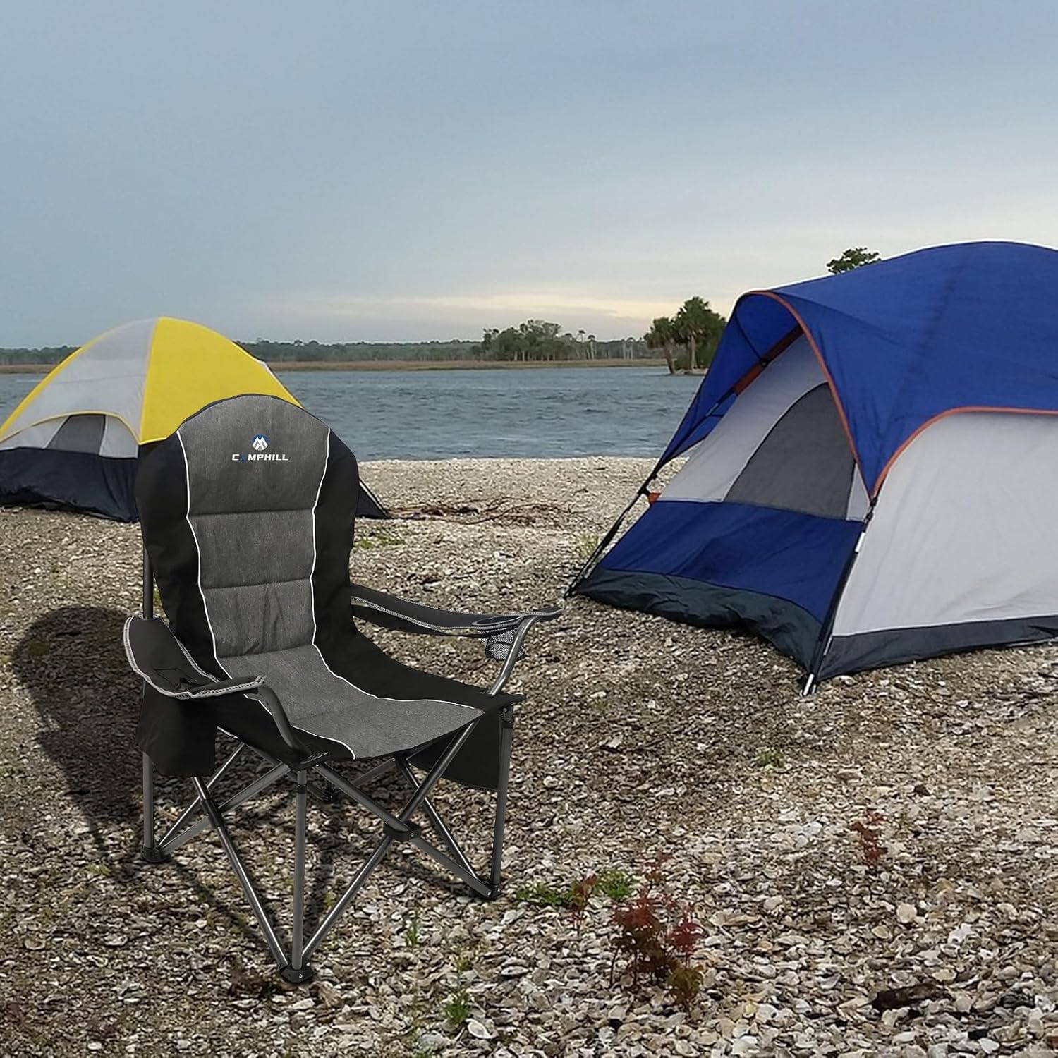 Silla de camping, sillas de camping plegables para personas pesadas con portavasos y bolsa enfriadora, silla plegable para acampar con bolsillo para
