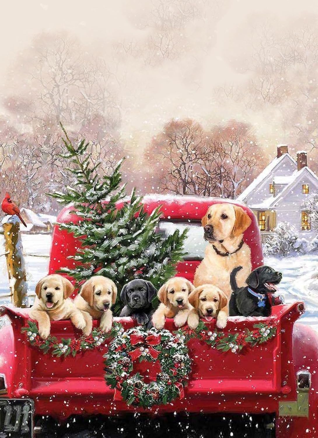 Kits de pintura de diamantes 5D de Navidad para adultos principiantes, perros de invierno, camión, arte redondo de diamantes de taladro completo,