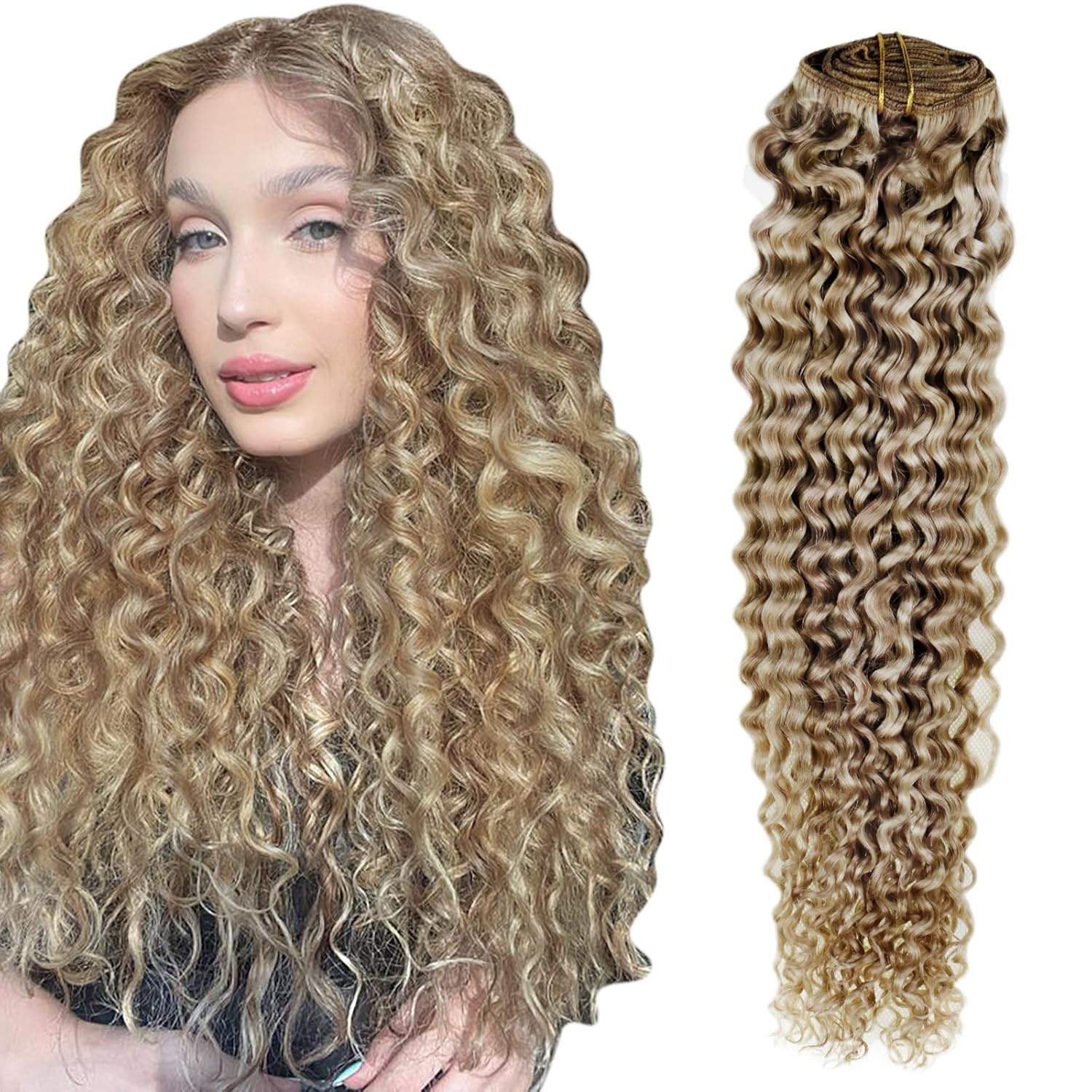 Hetto Extensiones de cabello humano ondulado con clip, color rubio decolorado, extensiones de cabello rizado natural con clip, 18 pulgadas, 7