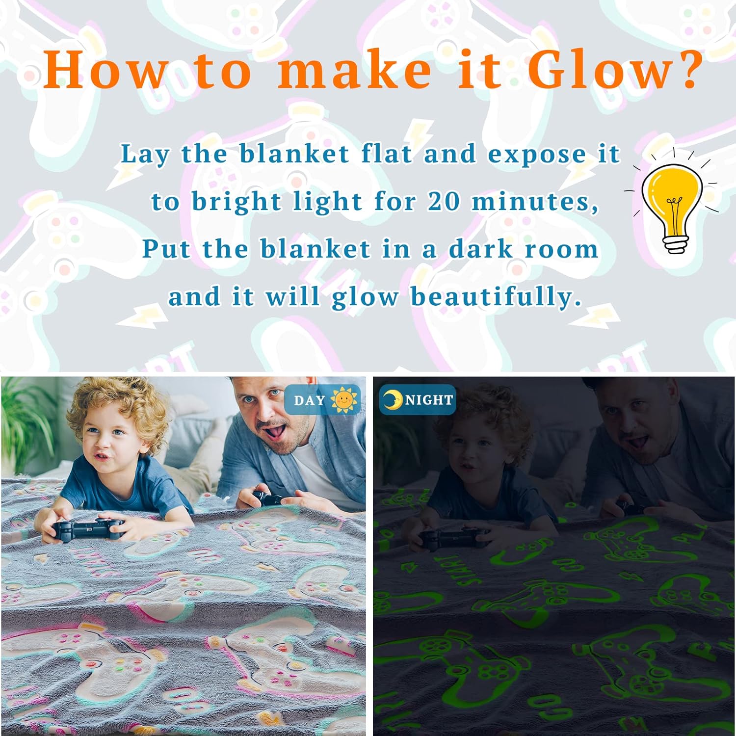 Manta que brilla en la oscuridad, manta luminosa de felpa para jugadores, regalo suave para niños, niñas, cumpleaños, Navidad, Halloween, Acción de