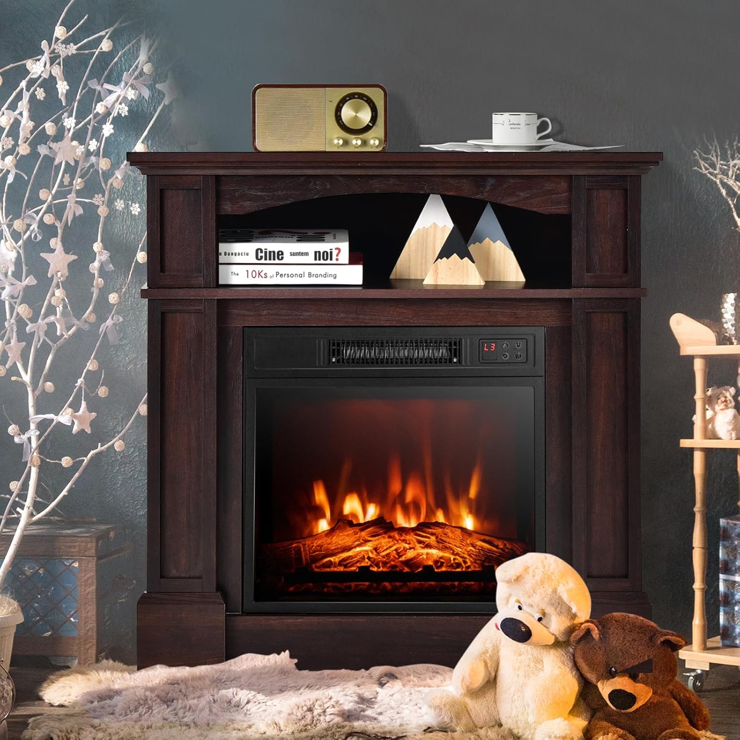 ORALNER Chimenea eléctrica de 32 pulgadas con repisa, paquete de chimenea envolvente de madera con 3 efectos de llama, control remoto y temporizador