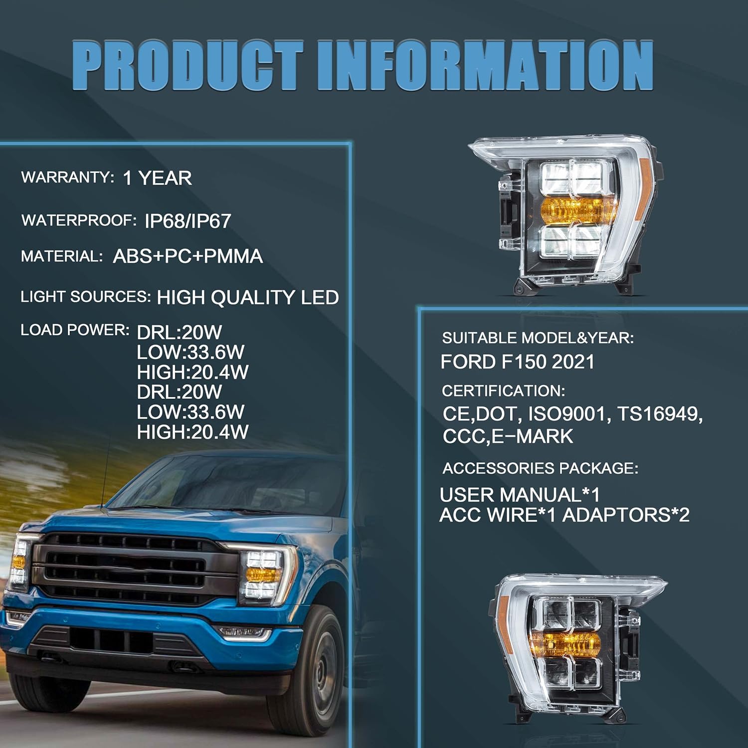 VLAND Conjunto de faros LED para Ford F150 2021-2023 14 generación XL, XLT, Lariat, Tremor, Raptor, King Ranch, Platinum, Limited,