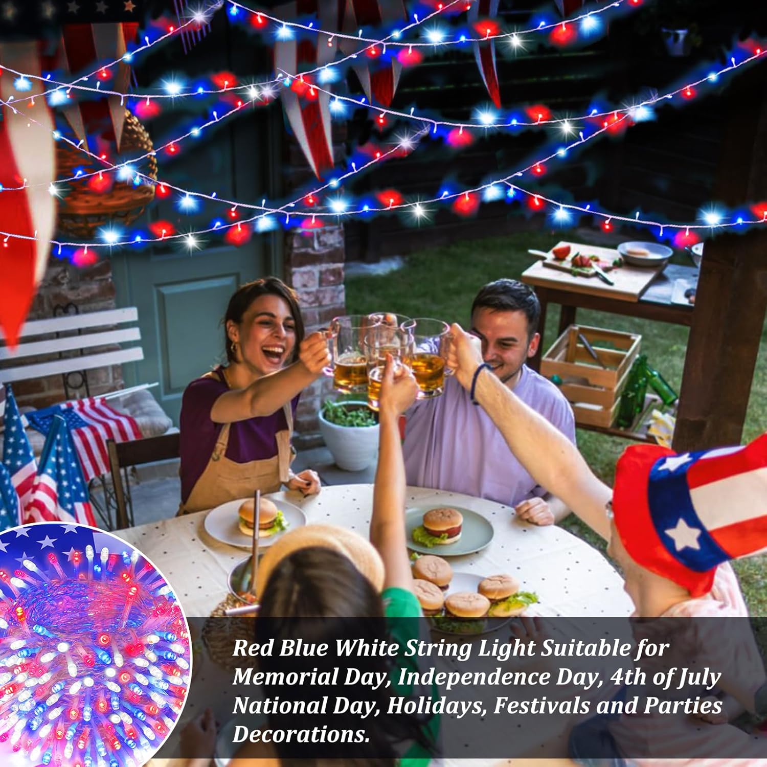 SANJICHA Decoraciones del 4 de julio, 100 luces LED de 33 pies para interiores y exteriores, luces rojas, azules y blancas, 8 modos de luces