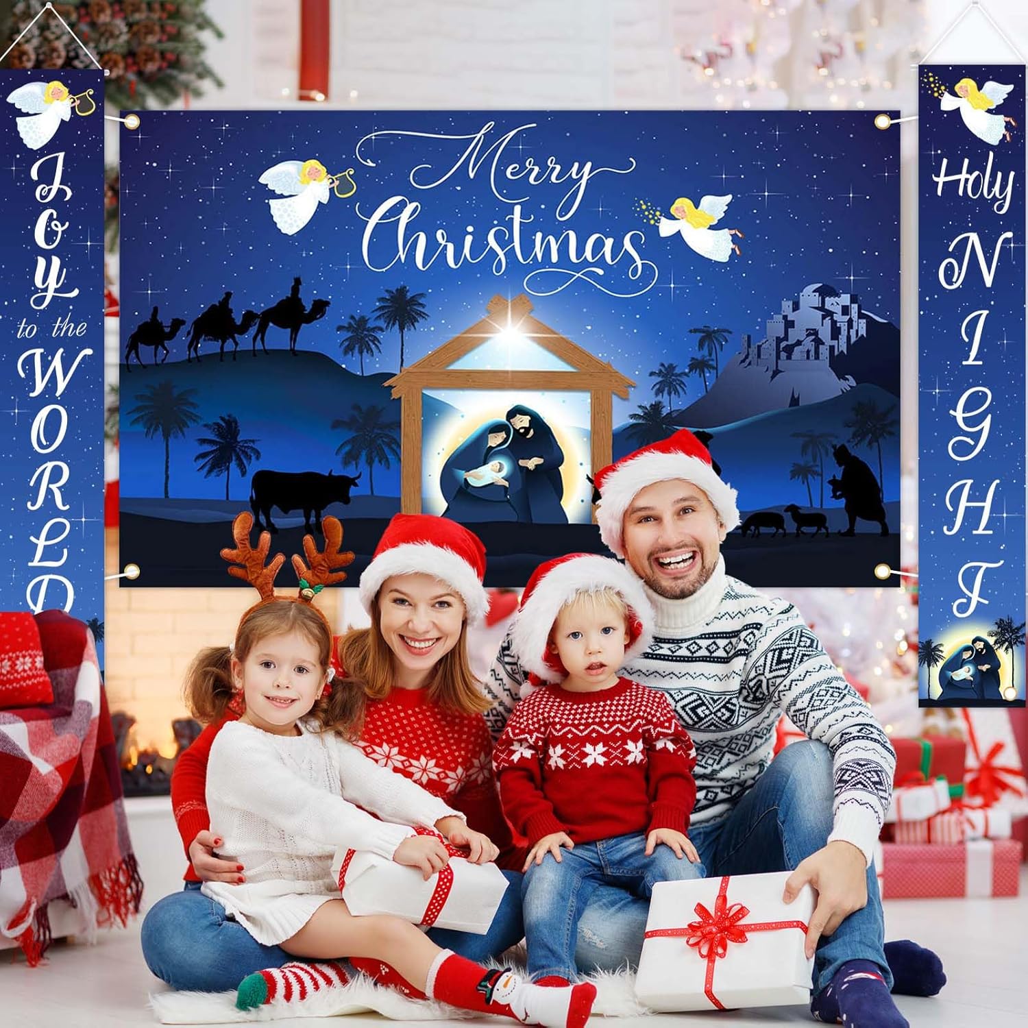 Avezano Decoraciones de Navidad azules para colgar pancartas religiosas de Feliz Navidad y letreros de porche para Navidad, para interiores y