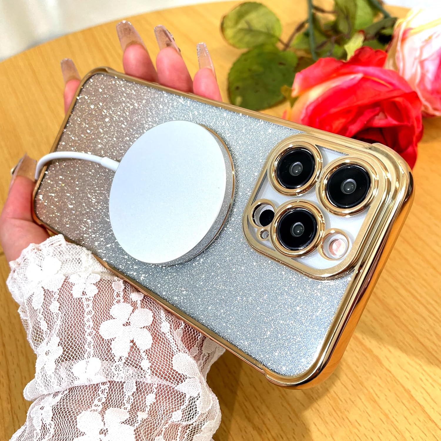 Bonoma Purpurina magnética para iPhone 15 Pro Max compatible con MagSafe , funda transparente de lujo con diseño de corazón de amor, protección de