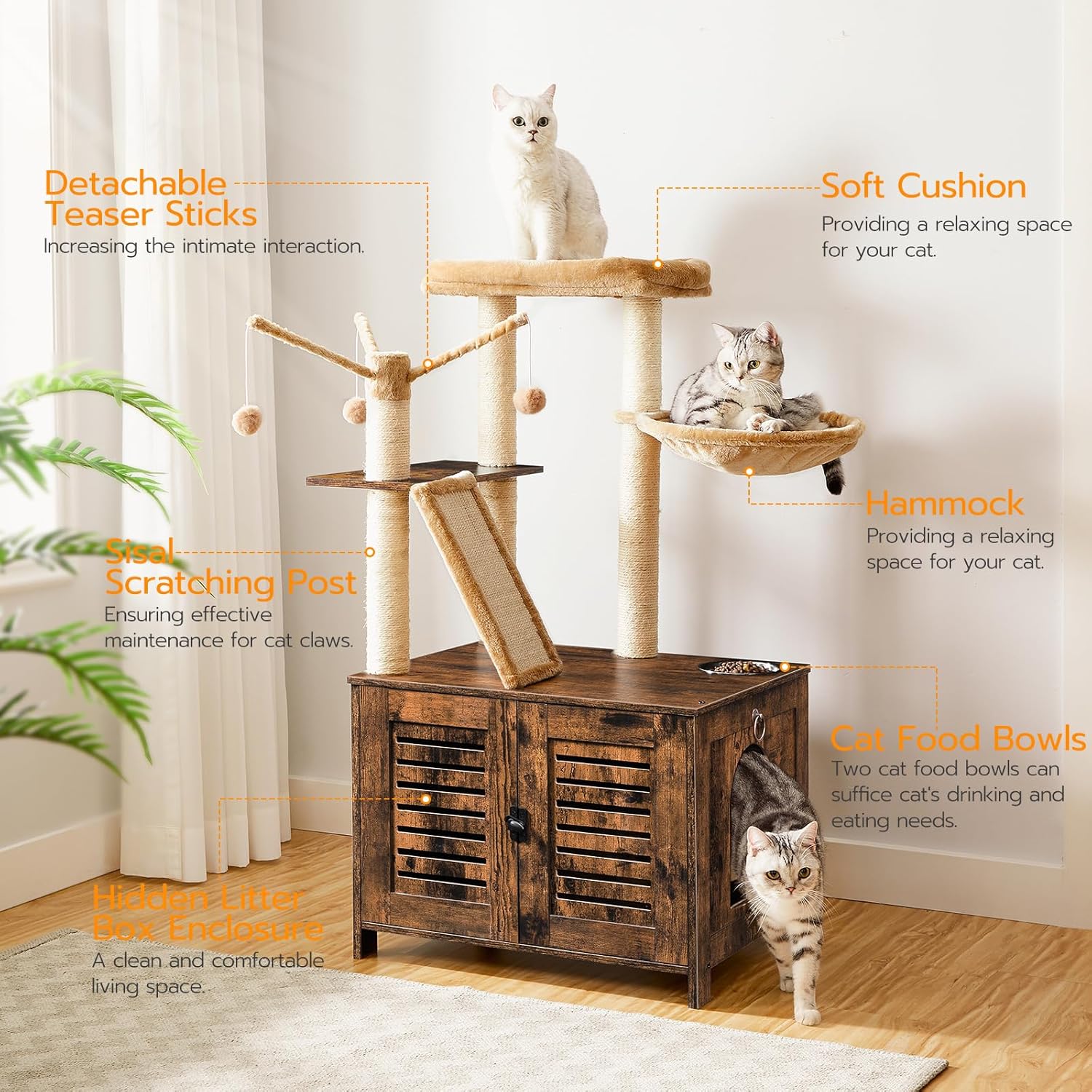 Árbol para gatos con caja de arena, torre de madera para gatos de 44 pulgadas de alto con postes rascadores, hamaca para gatos, muebles de caja de