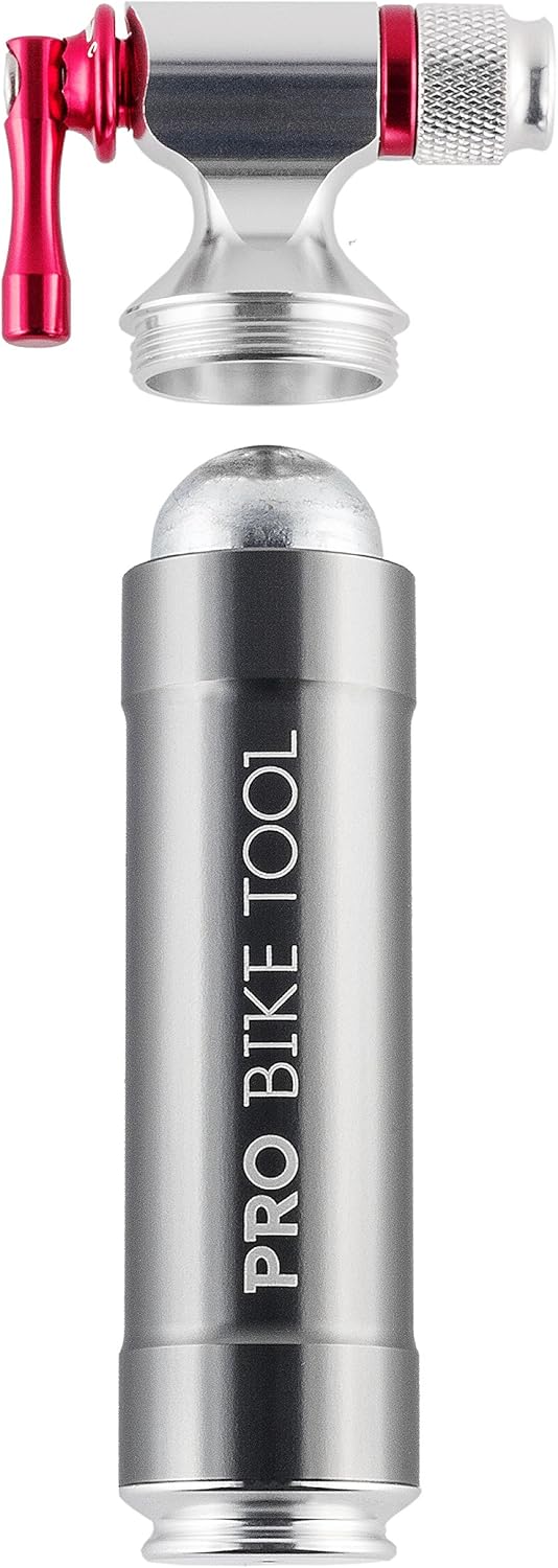 Inflador de CO2 con recipiente de almacenamiento de cartucho de Pro Bike Tool – Rápido, fácil y seguro – Para Presta y Schrader – Bomba de neumático