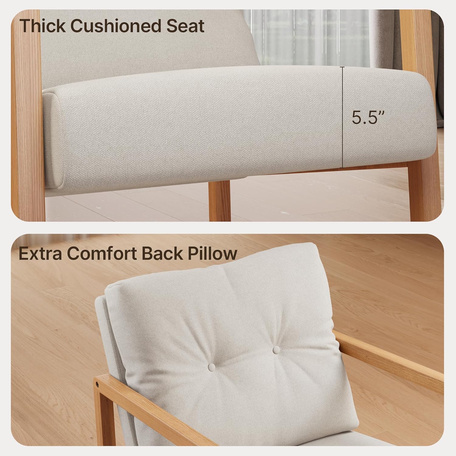 Gizoon Mecedora decorativa de mediados de siglo, silla tapizada de lino, sillón reclinable individual con almohada trasera extra, marco de madera