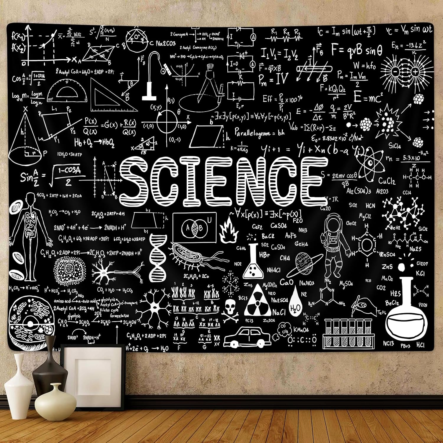 PAOPOED Tapiz de ciencia, temática educativa, decoración de fondo de laboratorio para estudiantes, fórmulas matemáticas, mantel para colgar en la