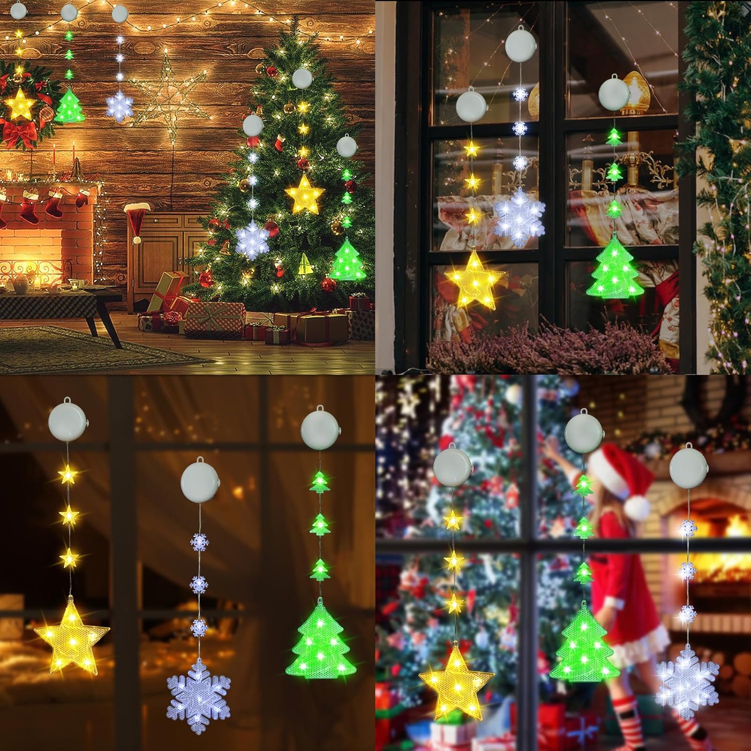 Decoraciones de Navidad, 3 luces de Navidad para ventana, alimentadas por pilas, decoración de ventana de Navidad, árbol y copo de nieve y forma de