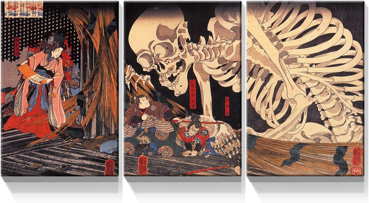 Denozer – Lienzo decorativo para pared de 3 piezas – Utagawa Kuniyoshi – Takiyasha La bruja y el espectro del esqueleto – Ukiyo-E – Decoración