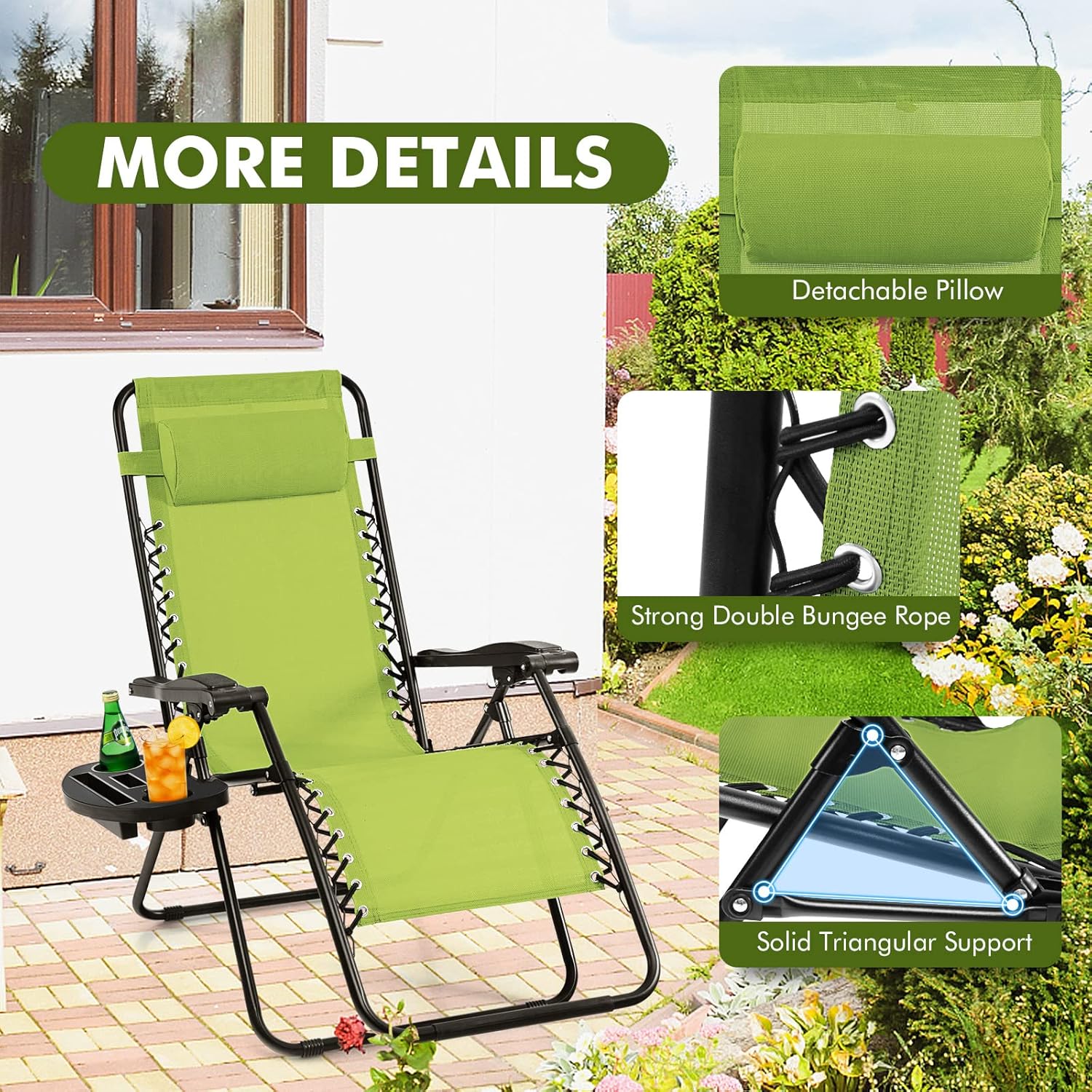 Giantex 2 sillas de gravedad cero, tumbona para exteriores con soporte para tazas, sillas plegables para patio, piscina, césped, balcón