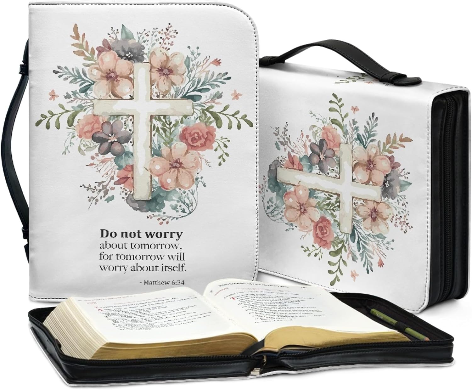 Estuche grande de la Biblia floral para mujer con versículo cruzado, tamaño grande con asa con cremallera, estuche de iglesia escritura, regalo