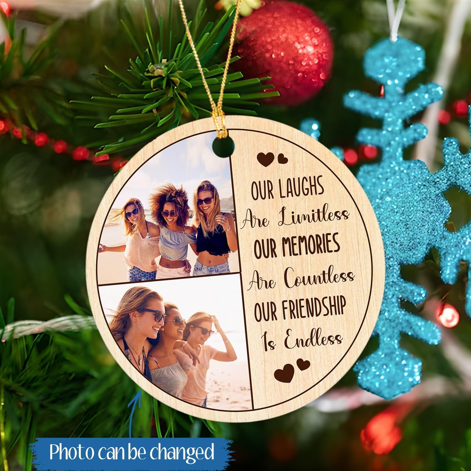 Adorno personalizado de Navidad con texto en inglés “Best Friends Forever”, Our Laughs are Limitless Our Memories are Countless Our Friendship is