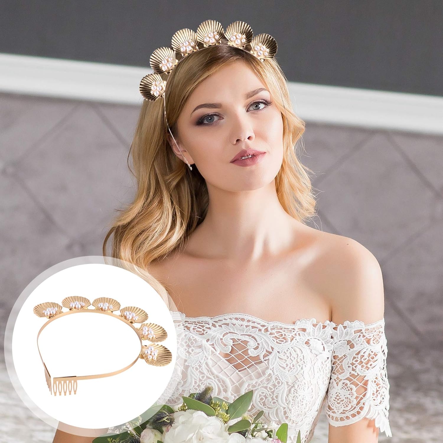 Minkissy Diadema de perlas de concha dorada, corona de conchas de mar, tiara de perlas de diosa con peine para mujeres y niñas, boda, Navidad,