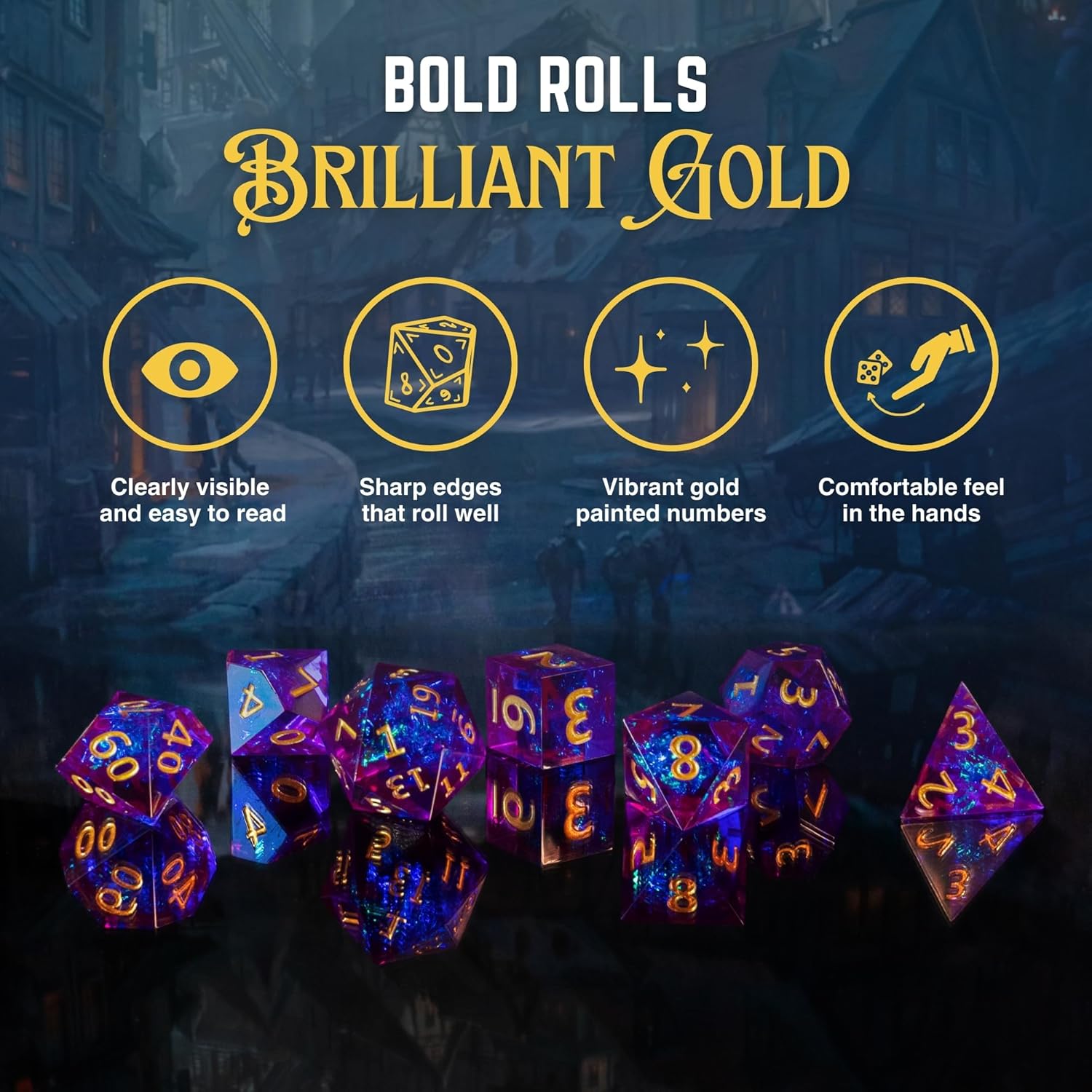DND – Juego de 7 dados poliédricos de resina de borde afilado para Calabozos y Dragones, con bolsa de dados, bandeja de dados y calcomanías (lavanda