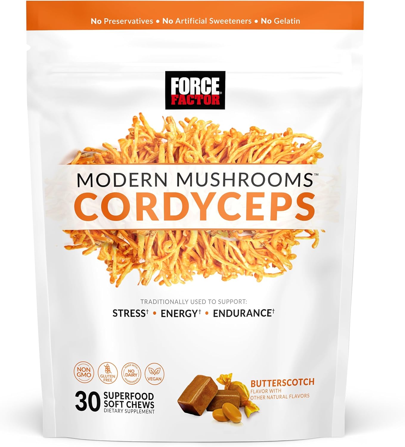 FORCE FACTOR Modern Mushrooms Soft Chews, suplemento de hongos Cordyceps para apoyar el alivio del estrés, la energía y la vitalidad, suplemento