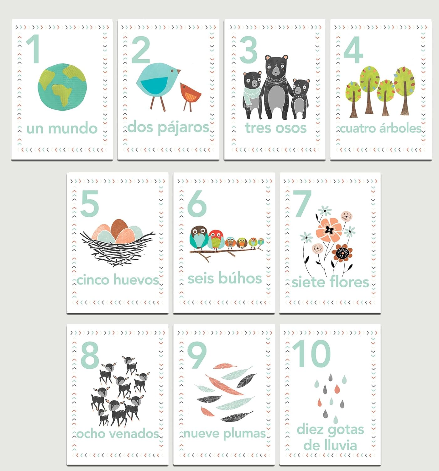 Our Earth Counting – Tarjetas de pared en español, tarjetas flash de números, juego de diez impresiones artísticas de pared de 5 x 7, decoración de