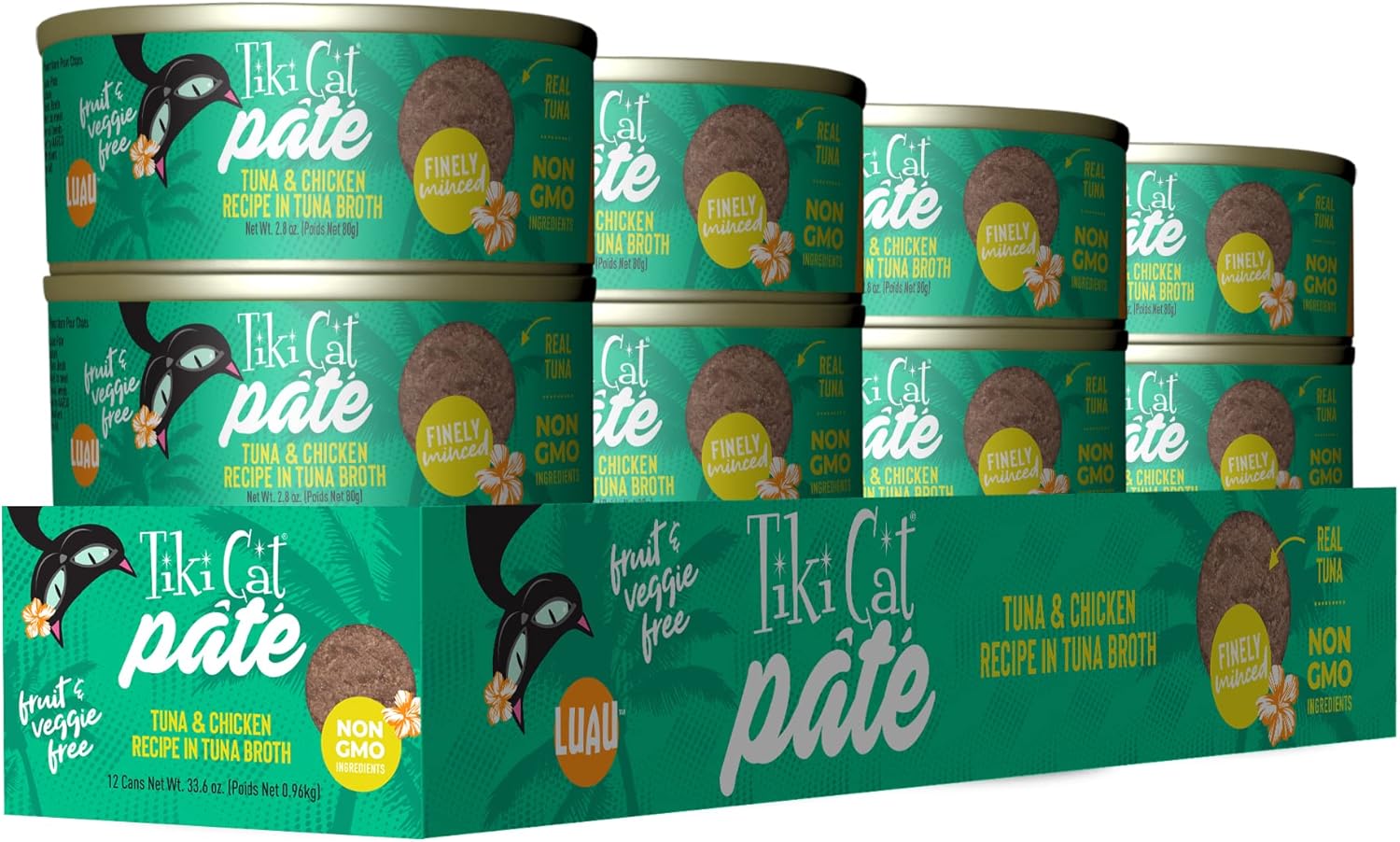 Tiki Cat Luau Pâté, receta de atún y pollo Ahi en salsa de pollo y sabor a salmón, nutrición equilibrada sin granos, comida enlatada húmeda para