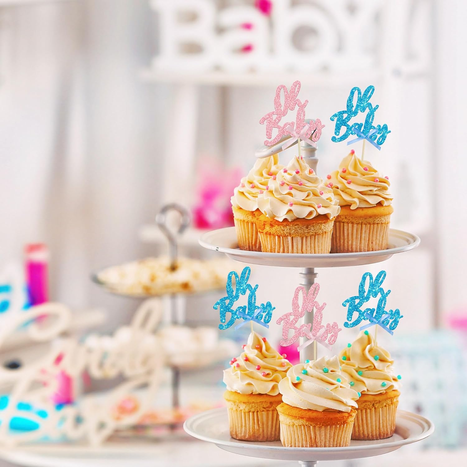 24 piezas Oh Baby Cupcake Toppers Glitter Baby Shower Cupcake Picks con lazo rosa y azul revelación de género decoraciones para cupcakes para niños