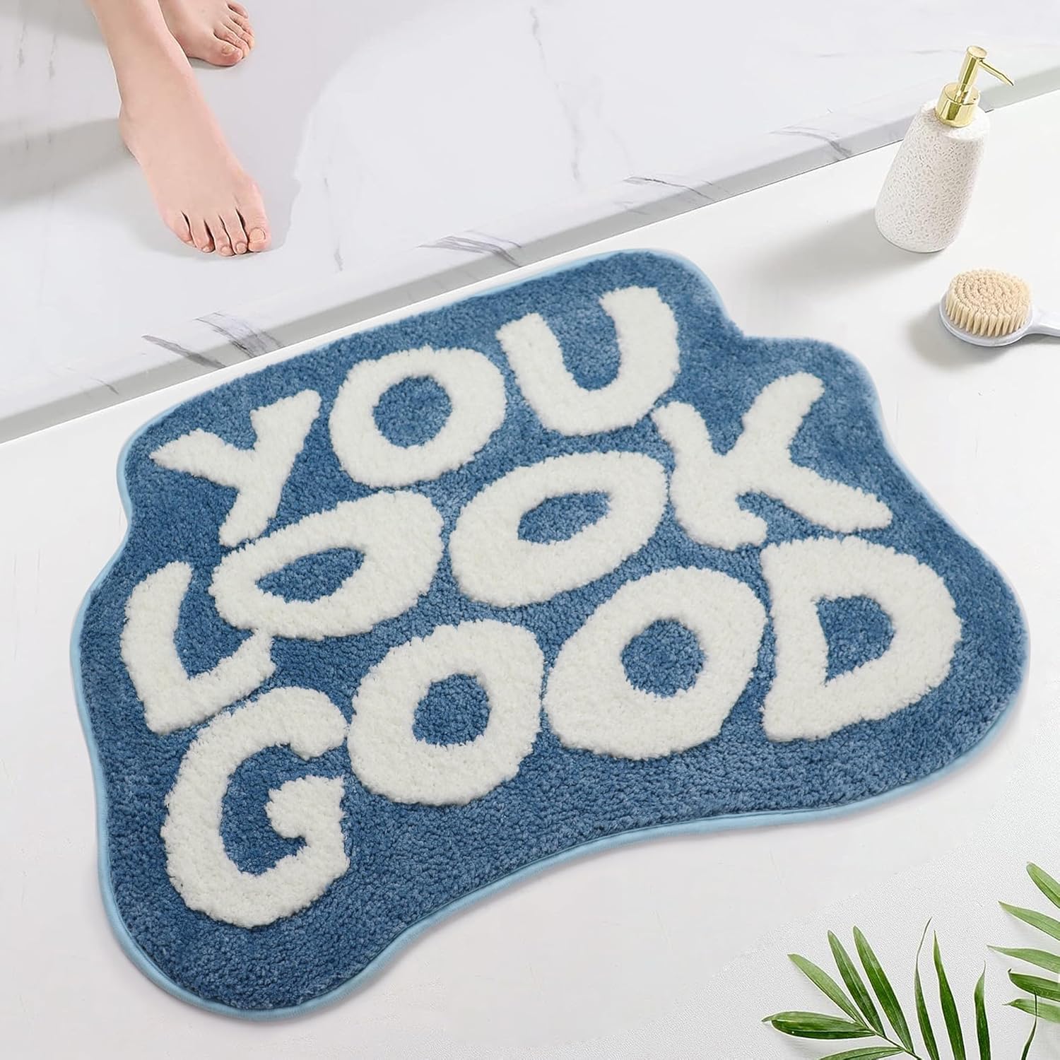 Oturgor Alfombra de baño con texto en inglés “You Look Good”, alfombra de baño azul y blanca, bonita alfombra antideslizante para ducha, absorbente,