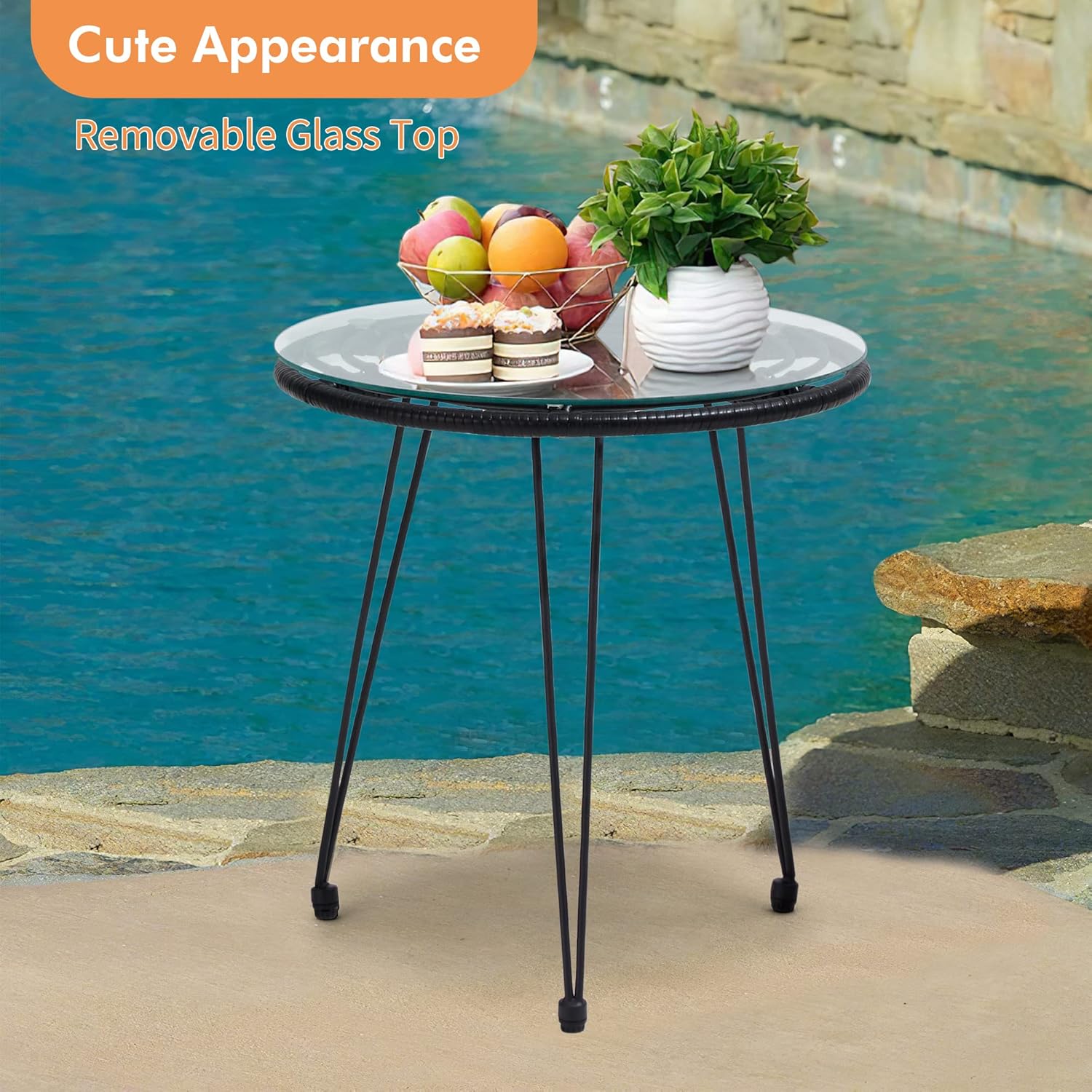 Juego de muebles de mimbre de 3 piezas, incluye 2 sillas y mesa superior de cristal, ideal para porche, al aire libre, patio, apartamento, balcón,