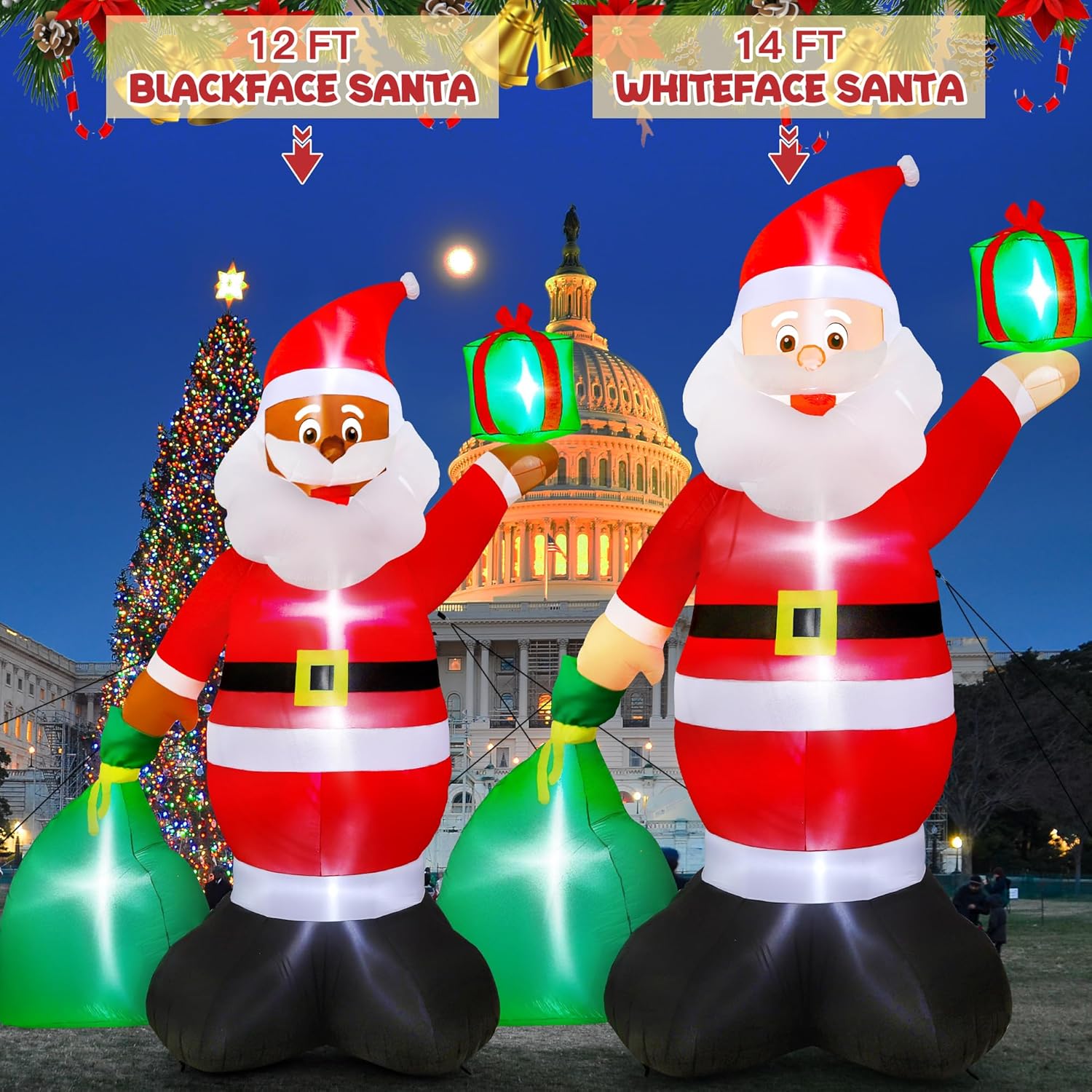 Inflables de Navidad de 14 pies, Papá Noel inflable gigante con bolsa de regalo, Papá Noel de Navidad inflable con 6 luces LED, decoraciones