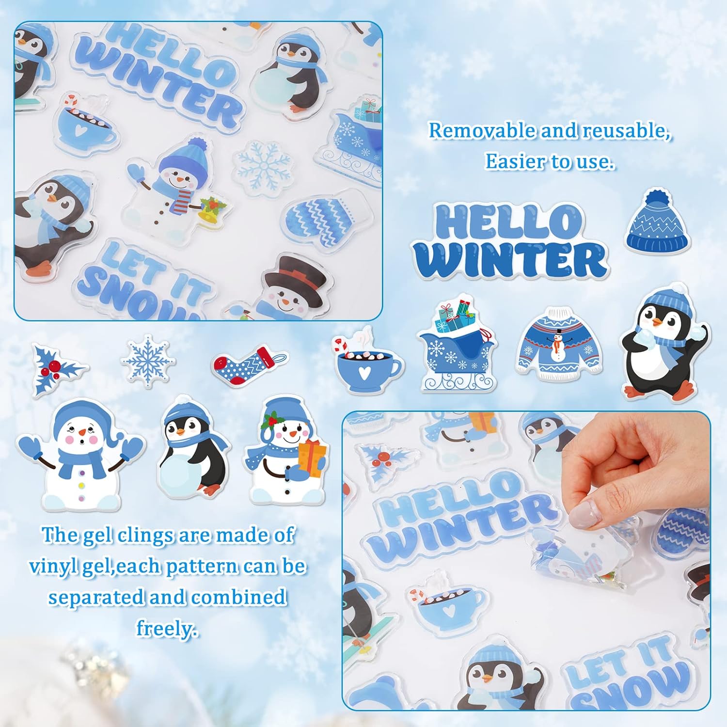 Whaline 2 hojas de calcomanías de gel gruesas de invierno, muñeco de nieve, pingüino, copo de nieve, ventana, reutilizables, lindos hola invierno,