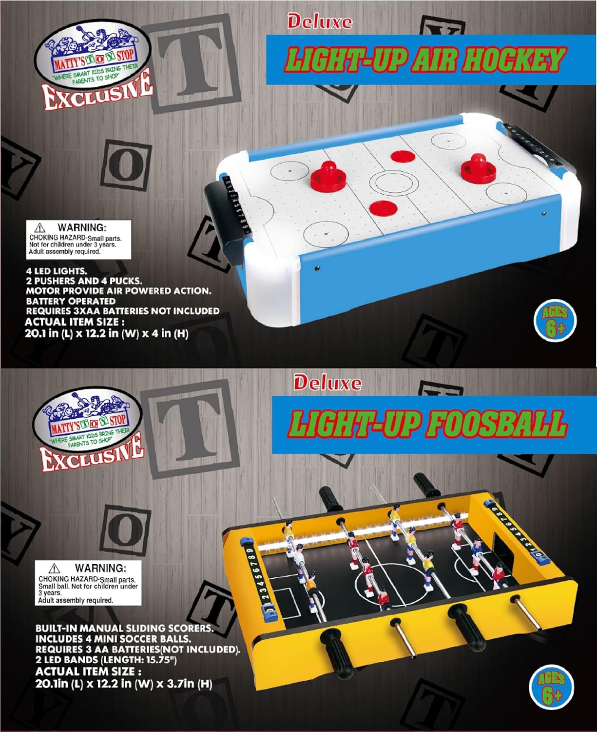 Matty’s Toy Stop Juego de 2 juegos de mesa de madera de lujo de 20 pulgadas con luz LED que brilla en la oscuridad, hockey aéreo (discos extra) y