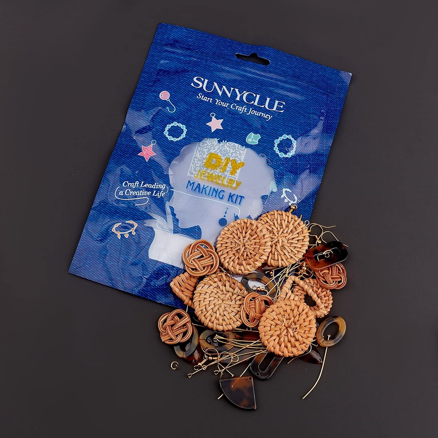 SUNNYCLUE DIY Make 6 pares de aretes de ratán de mimbre hechos a mano, aros de paja tejidos, dijes bohemios, tejido de rafia, trenza, resina para