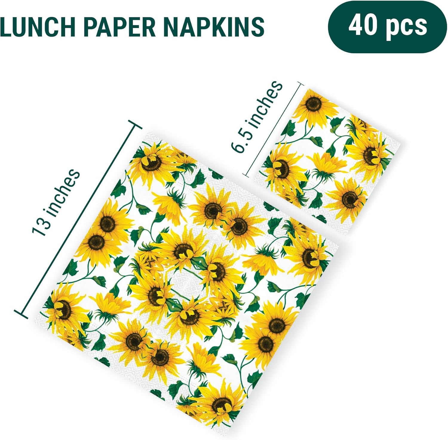 Servilletas de papel para almuerzo, 40 unidades, 13 x 13 pulgadas, girasoles en blanco