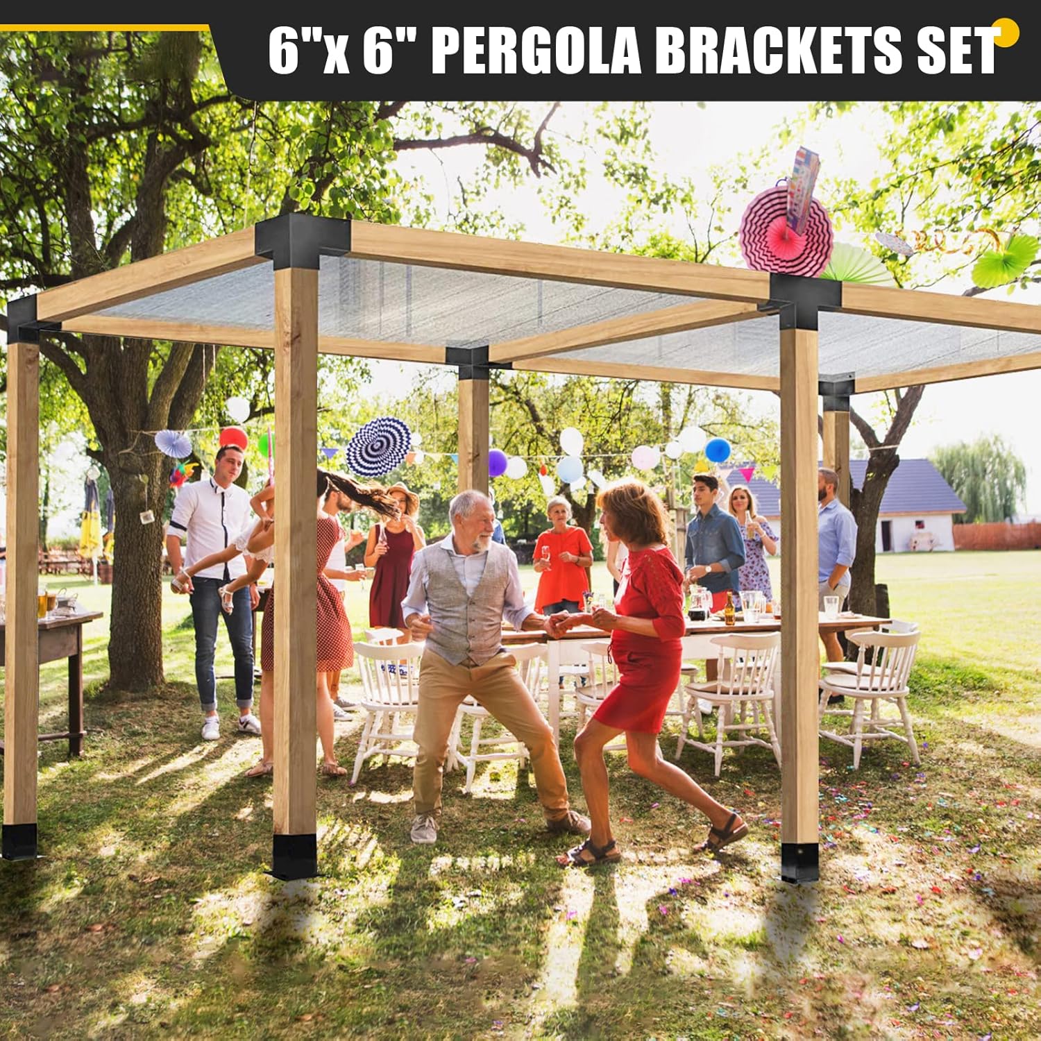 Woodworks – Kit de soportes de pérgola de 6 x 6, soportes de extensión de esquina de 4 vías, recubrimiento de polvo negro, soportes de metal de 6 x